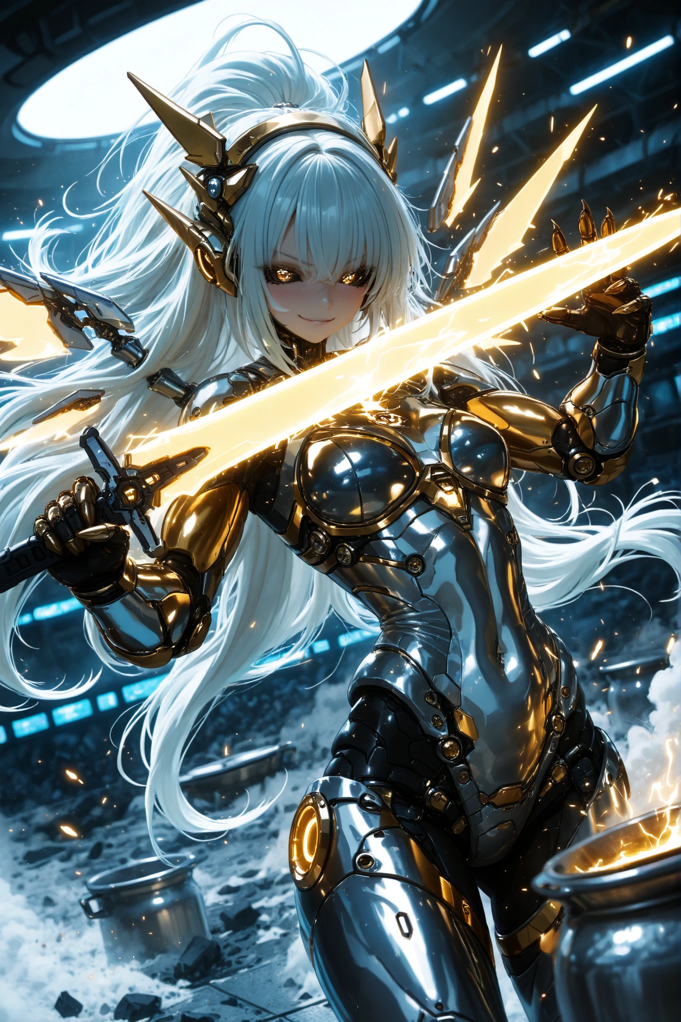 (4k,8 k,ultra high definition), masterpiece, highest quality, ultra-detailed, very aesthetic, depth of field, better lighting, Detailed Illustration, detailed background, cinematic, AMBIENT OCCLUSION BREAK, ray tracing, soft lighting, blossom effect , absolutely attractive, intricate cinematic background, ultra-detailed, cg, BREAK Portrait, 1girl, woman warrior , Cybernetic fighter, Silver metallic hair, smooth mechanical body, muscular, but elegant physique, medium chest, very long biomechanical hair, golden glowing lines, passing through the body, black sclera with golden eyes, pretty face, Gold schemes, hinges and mechanical joints, 4 cyber wings with glowing white light, energy wings, holds a futuristic energy sword, claws are visible, confident fighting position, a slight smirk, intense expression, Battle Focus , floating energy sparks around, BREAK
futuristic battle arena, surrounded by a holographic audience, neon lights, Square blade, space, visible through the arena dome, spaceship arena interior, dramatic lighting, Dust and debris in the air, dynamic angle, kinetic movement, charged with morale
martial arts stand, aura of reinforcement, pot, bruises, Rope Ring, referee in the background, dynamic impact movement, armoured torso, muscle tension