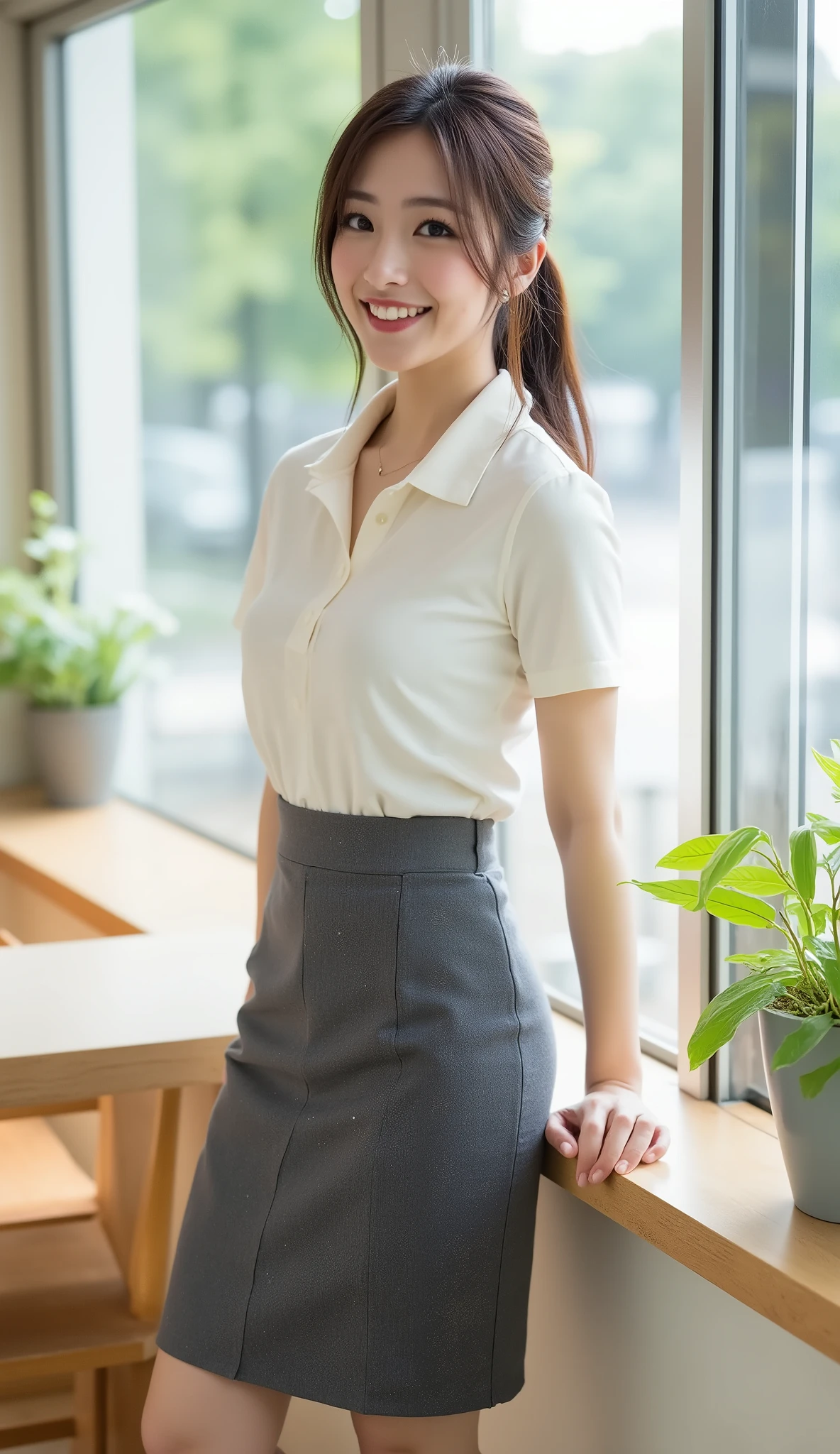 ((Beautiful 35-year-old Japanese office worker))
(Long, elegant face, glossy lipstick: 1.2)
(Short dark brown hair, ponytail: 1.4)
(Slender figure, cinched waist, beautiful bust: 1.5)
(Ivory white short-sleeved polo shirt, dark gray knee-length pencil skirt: 1.4)
(Standing in a seat in a cafe bathed in morning sunlight: 1.5)
((Looking straight at the camera, smiling with a calm expression: 1.2))
(Short shot from the side, realistic and natural shadows)