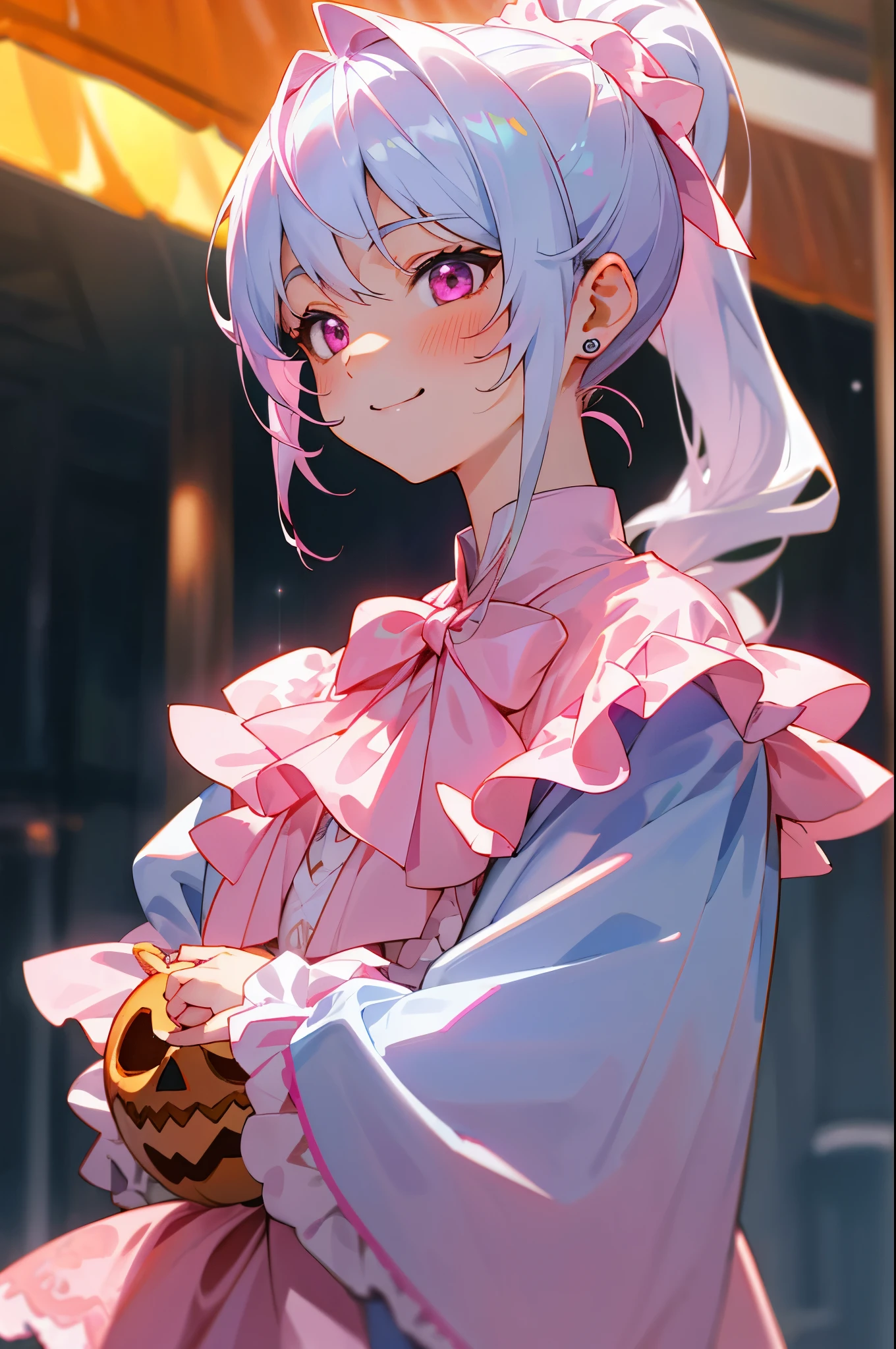 One girl、8k、Sharp Focus、(Bokeh) (Best Quality) (Detailed skin:1.3) (Intricate details) (anime)、Upper body close-up、From the side、Natural proportions、smile、White skin、Big eyes、Dark pink eyes、silver ponytail、blue jacket、pink ribbon on chest, pink ribbon and pumpkin decoration、big Skull Earrings、(Long sleeve blouse)、Ruffled blouse、Upper body close-up、Morning cafe terrace、pink jack-o-lantern、Background blur、Write boundary depth