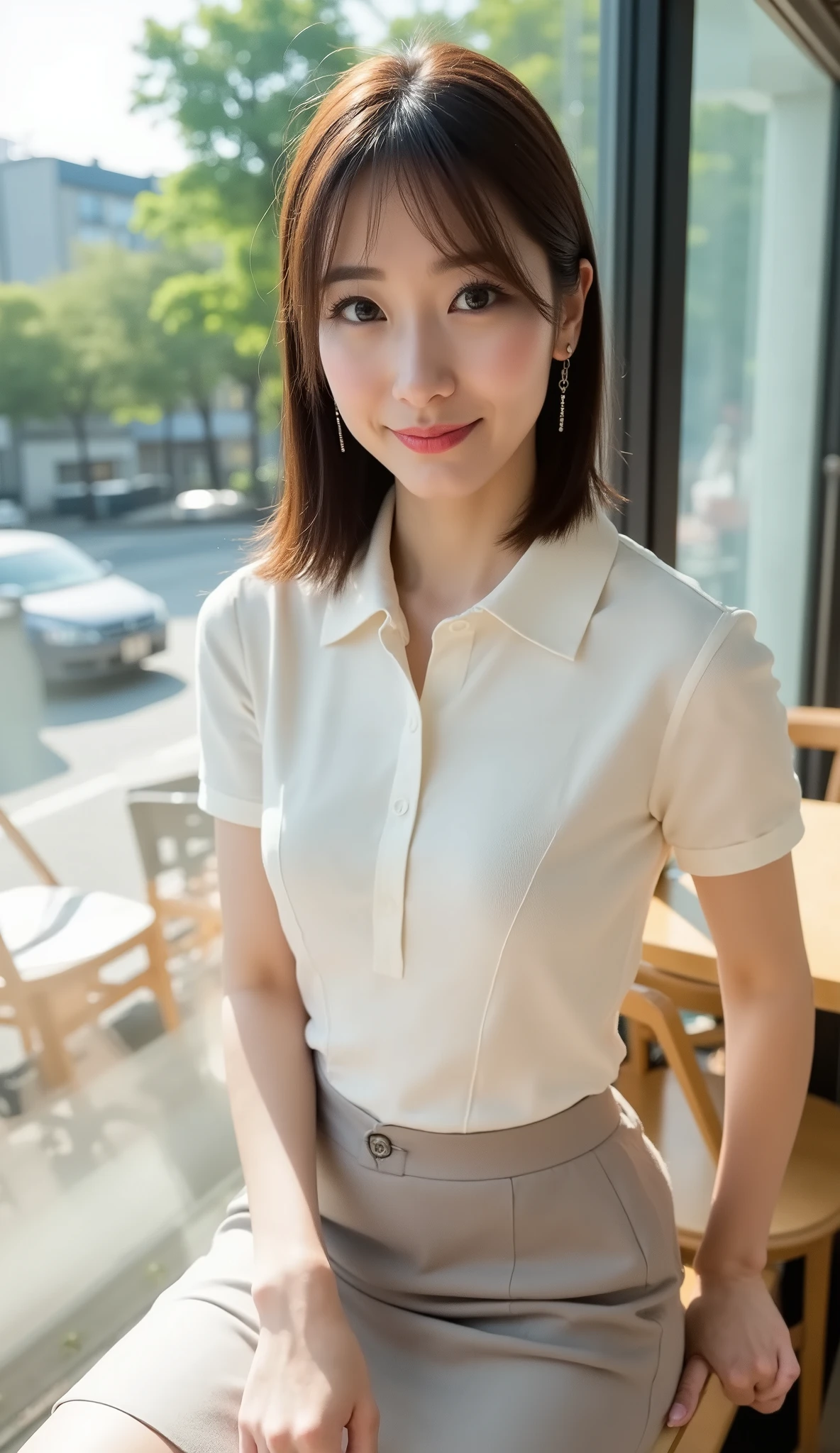 ((Beautiful 35-year-old Japanese office worker))
(Long, elegant face, glossy lipstick: 1.2)
(Short dark brown hair: 1.4)
(Slender figure, cinched waist, beautiful bust: 1.5)
(Ivory white short-sleeved polo shirt, light gray knee-length pencil skirt: 1.4)
(Standing in a seat in a cafe bathed in morning sunlight: 1.5)
((Looking straight at the camera, smiling with a calm expression: 1.2))
(Side bust shot, realistic and natural shadows)