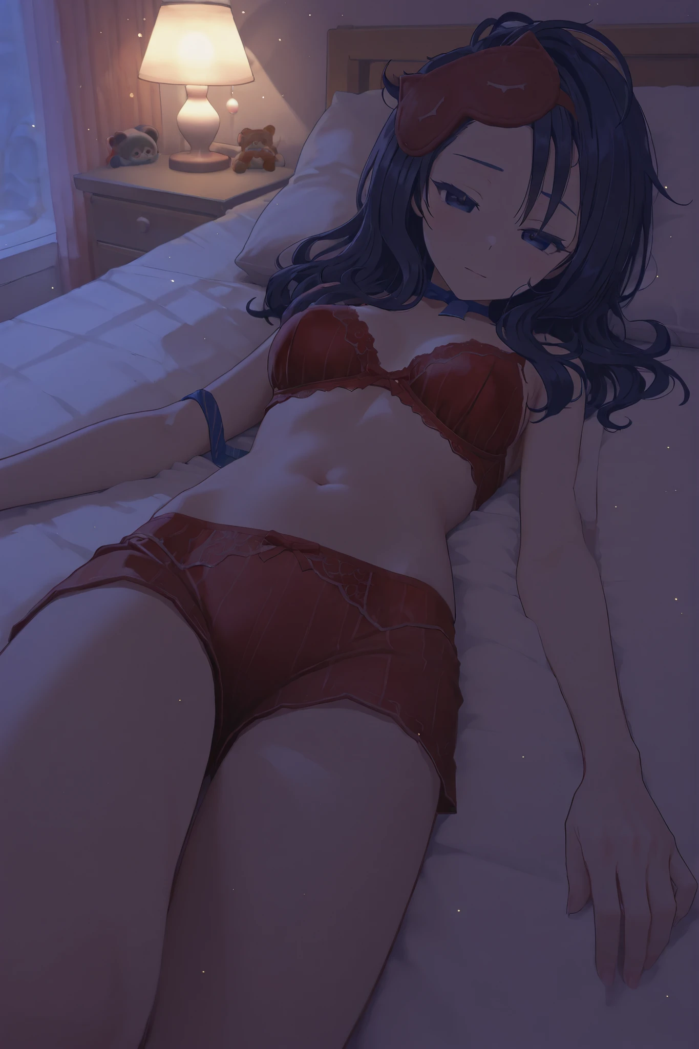 Miside Sleepy Mita lying in bed with a sleepy face all cute wearing red lingerie with blue stripes extremely detailed image