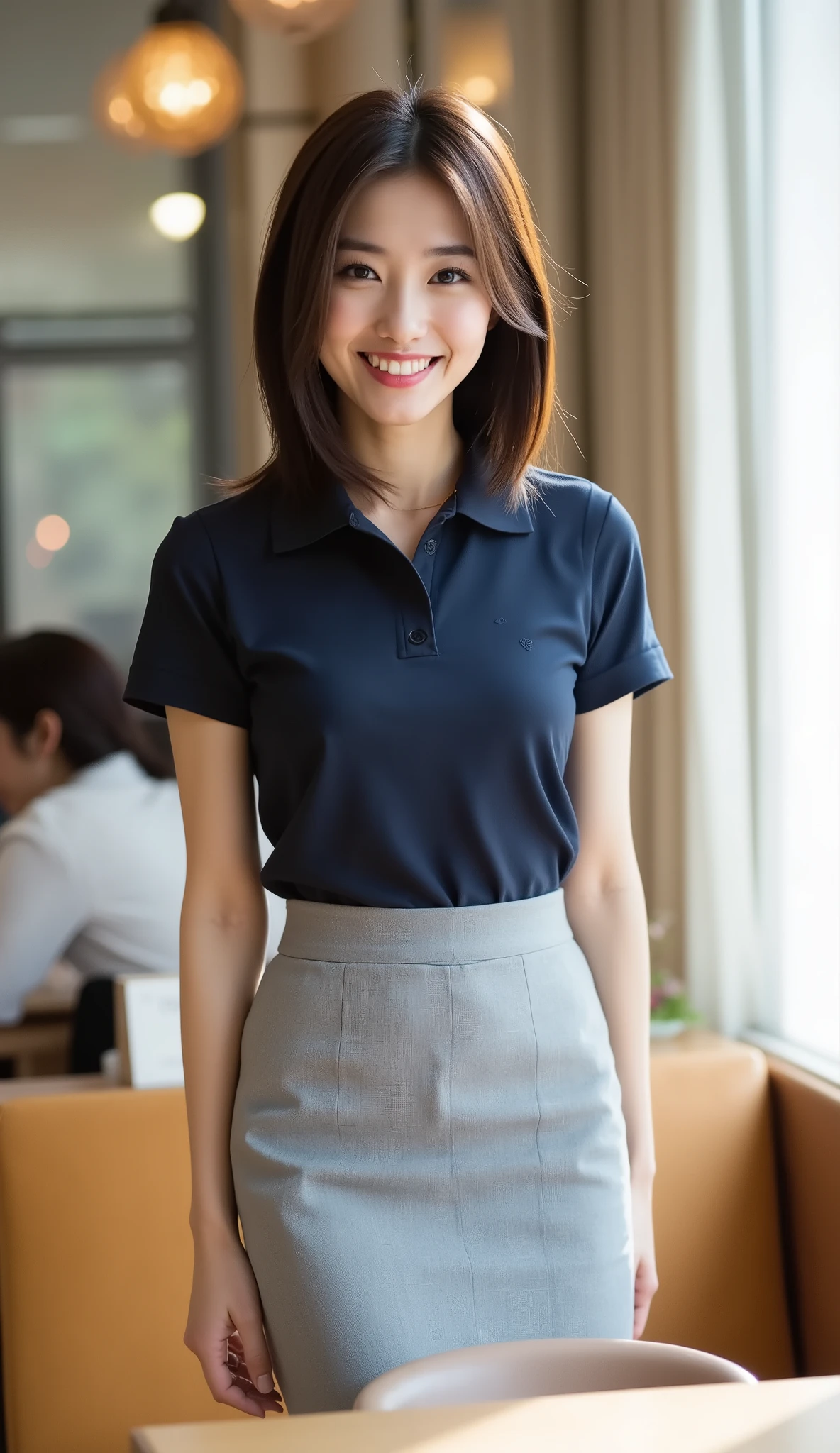((Beautiful 35-year-old Japanese office worker))
(Long, elegant face, glossy lipstick: 1.2)
(Short dark brown hair: 1.4)
(Slender figure, cinched waist, beautiful bust: 1.5)
(Dark navy short-sleeved polo shirt, light gray knee-length pencil skirt: 1.4)
(Standing in a seat in a cafe bathed in morning sunlight: 1.5)
((Looking at the camera, smiling with a calm expression: 1.2))
(Side bust shot, realistic and natural shadows)