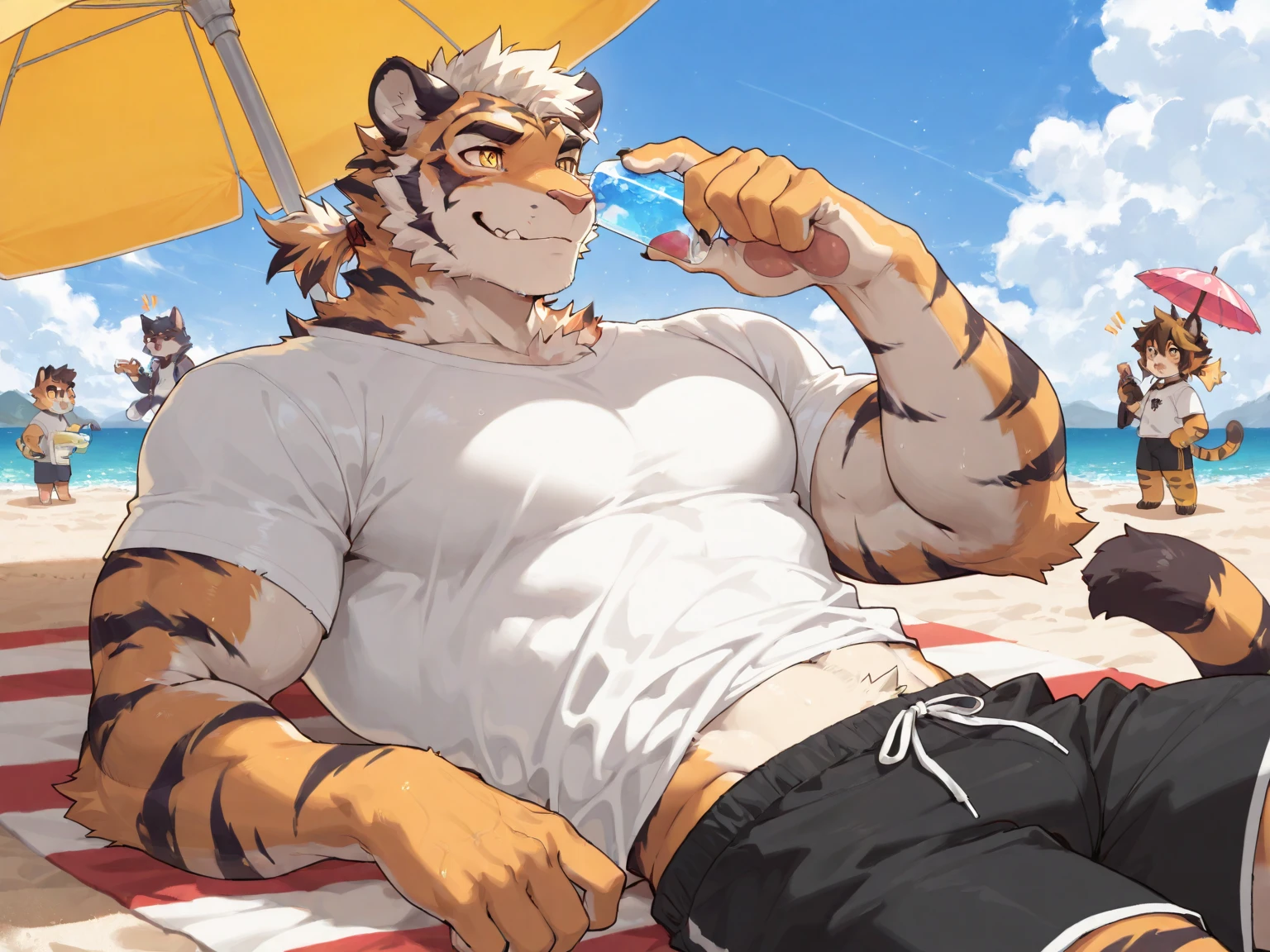 ((best quality)), ((masterpiece)), (detailed), Male,male body,muscle,muscular,shirtless ,top less,8k,add_detail,best quality,sharp focus,masterpiecedetail eyes,extreme detail,super detail,vibrant colors,cinematic,high quality,4k,white skin,hand some ,fit,abs,six pack,Big muscle, pose,HD , beautiful eyes,short hair,perfect body,strong body
,Long body ,strong arm ,strong body,strong legs,strong chest,white peoples, white skin,show off muscles ,cute guy,v shape,perfect body,close up body ,white Tiger male,on the beach,sun light,swim Briefs ,clear sky,happy face ,handsome eyes, white tiger,alpha male ,swimwear male,tiger tail ,short hair ,American men  ,tiger beasts,go wild, beasts ,look straight ,blue eyes,white Tiger,black briefs ,Tiger teeth,fangs,confident eyes ,tiger eyes ,beautiful eyes,looking straight,perfect body ,smile,kindness face,tall body ,lay down on the beach chair ,relaxing,best shot ,tiger fangs ,sunglasses, Spread legs,look up forward ,wearing sunglasses ,drinking cocktails