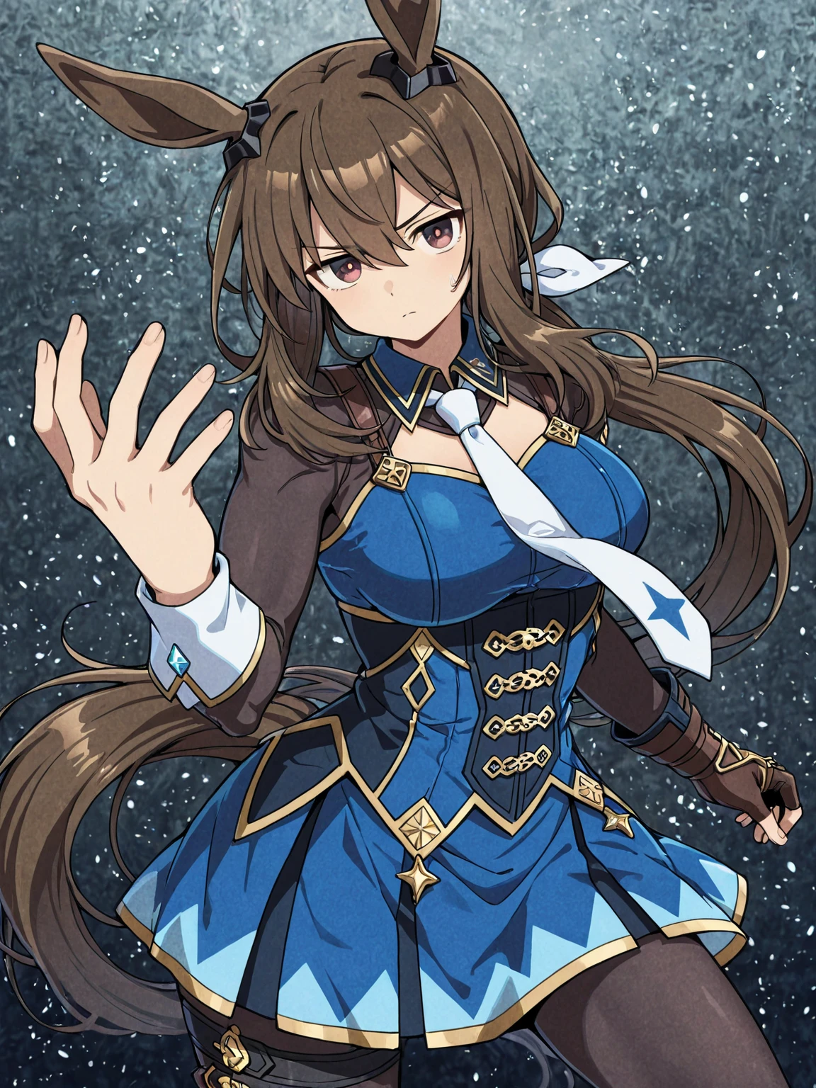 (masterpiece, best quality:1.2), expressive eyes, perfect face, highres, 1girl, solo, (female:1.5), issei_hyoudou, long hair, brown eyes, blue dress, bodycon dress, make-up, earrring, long gloves, meshes, blushing, nervous, standing, portrait, looking at viewer