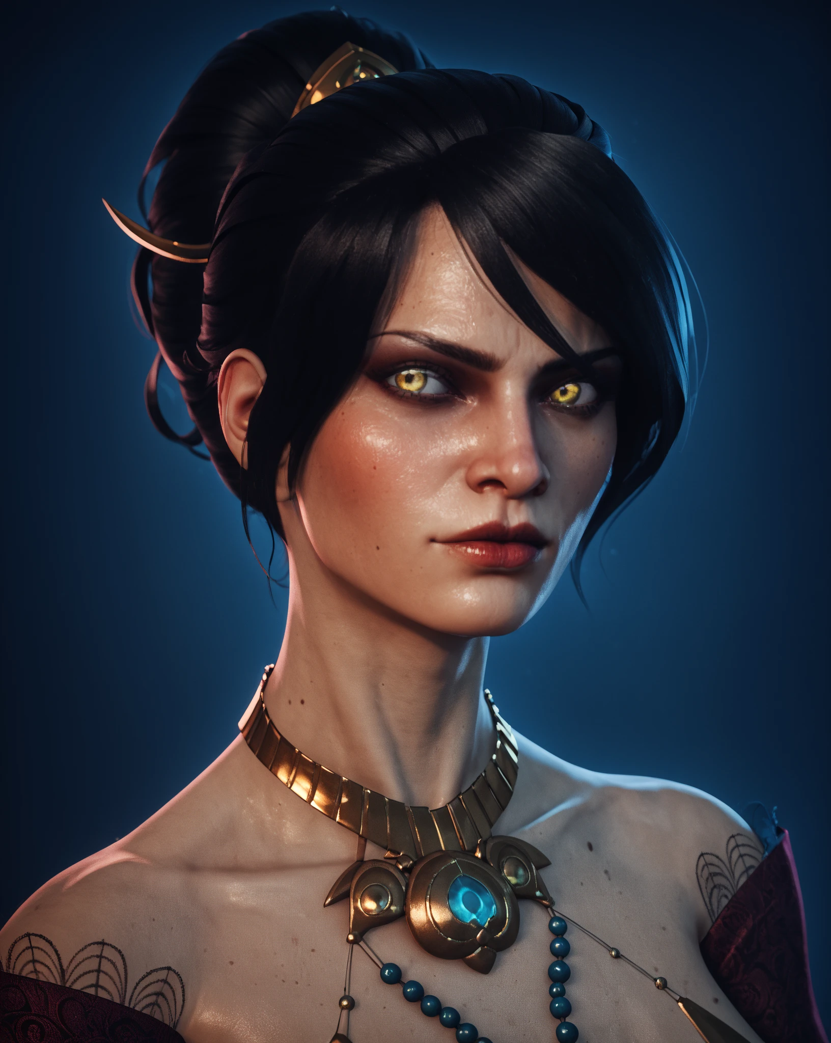 (masterpiece, best quality) realistic version of
MorriganDA,  face of (Kate Beckinsale:Evangeline Lilly) 1girl, solo,, looking at viewer, short hair, black hair, gloves, jewelry, yellow eyes, small , fingerless gloves, necklace, hair bun, nail polish, bracelet, lips, fingernails, makeup, glowing, single hair bun, feathers, lipstick, staff, pale skin, black nails, armlet, long fingernails, realistic, nose, magic
