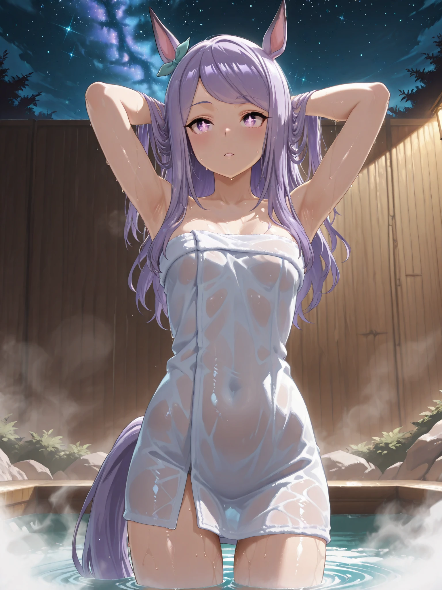 Highest Quality,masterpiece,Uma Musume,white-eye McQueen,horse ear,Horse tail,Armpit,sweat,wet skin,gentle expression,soft touch,Delicate Body Curves,Realistic Human Body,outdoor,Hot Springs,Hot Springsに入っている,Steam bath,bath towel,(starry sky,moon,looking up from below,Night Sky),