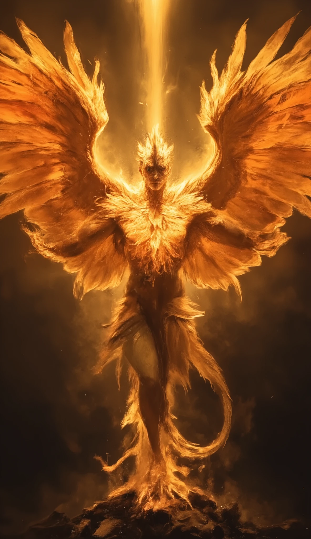 Ancient mythology style, Archangel Uriel is being of unparalleled light erupting in golden sunflares that form a Phoenix around his angelic beauty, flame radiating and abstract like living flame layered like leaves in dmai style yellow, orange red、The moment it flies with its flaming wings spread wide、makes you feel vitality in a majestic atmosphere、There is a pile of ash underfoot、Dynamic composition with a full body up、had a dark background、emphasizes a fantasy atmosphere、 beautiful and delicate depiction 、Artistic Perfection、masterpiece, best quality, amazing quality, Inspired by the cosmic artistry of Android Jones, the futuristic visions of Ash Thorp, and the ethereal landscapes of Simon Stalenhag, rendered in 8k resolution with holographic astral cosmic illustration techniques, and a touch of Pablo Amaringo's visionary style; ultra-high resolution; a perfect balance of light and shadow; incredibly detailed rendering; cinematic quality; evocative atmosphere; grand, magnificent, and hyper-realistic.6