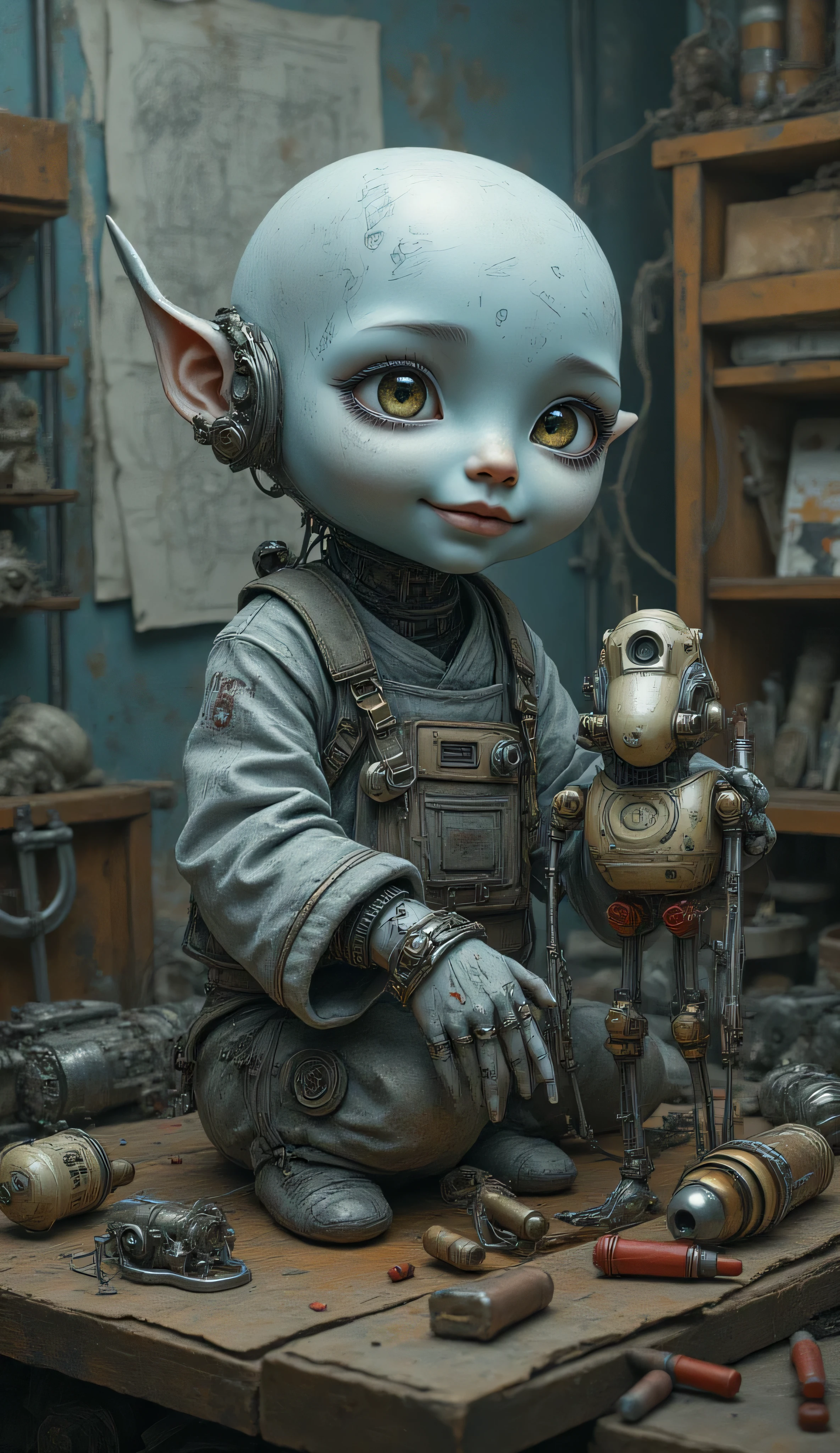 child Vedalken, solo, robot engineer, smooth light-blue skin, large curious silver eyes glowing softly with intelligence, wears slightly oversized mechanic jumpsuit, small tools, gears, glowing wires, tiny homemade robots, floating, crawling, walking, scrap parts, polished metal, cozy futuristic workshop, soft light, scattered blueprints, flickering holograms, smiling with quiet pride, holding a small robot that just came to life, realistic sci-fi-fantasy hybrid style, cinematic lighting, warm and heartwarming atmosphere, detailed textures, gentle expressions