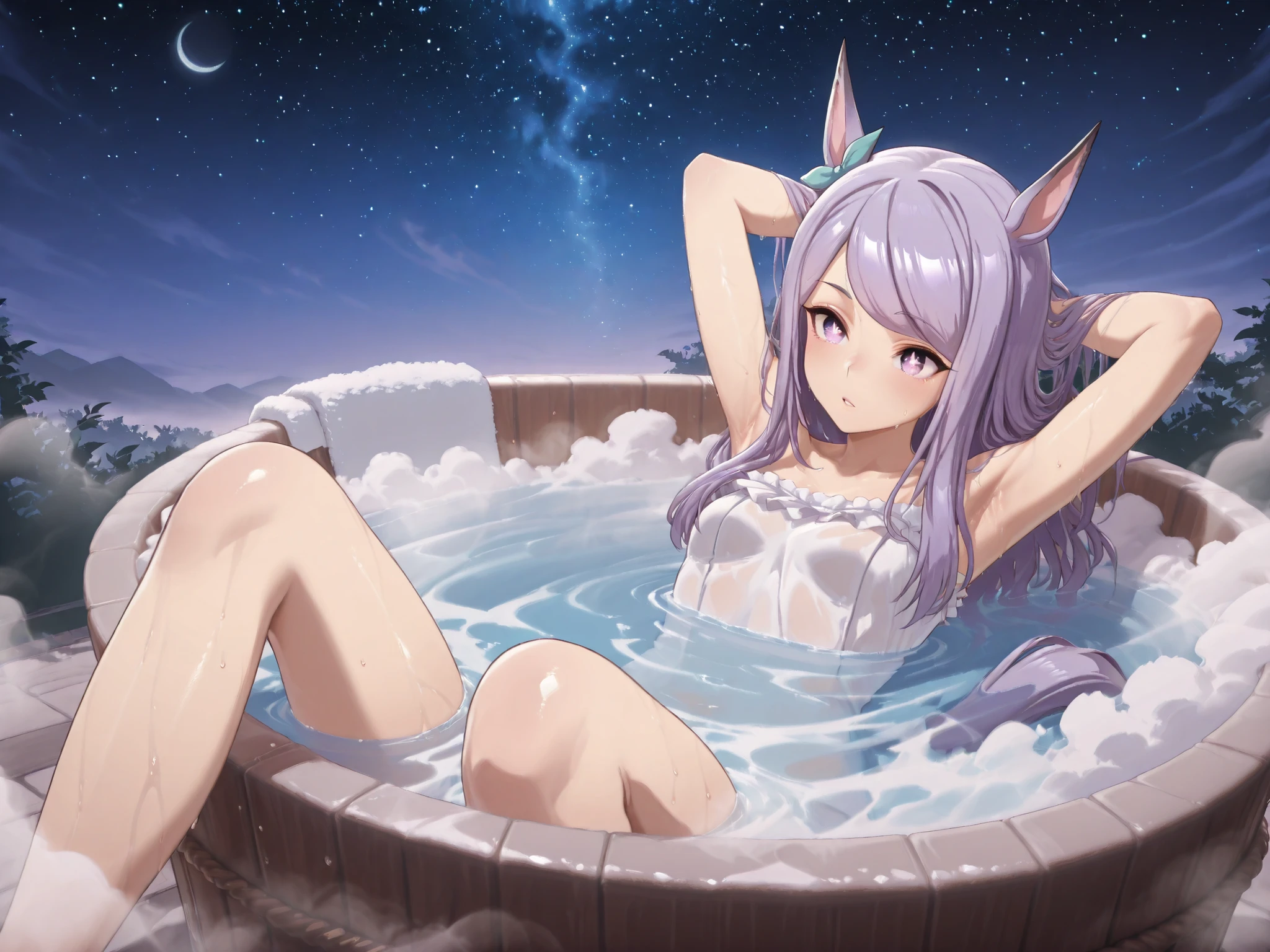 Highest Quality,masterpiece,Uma Musume,white-eye McQueen,horse ear,Horse tail,Armpit,sweat,wet skin,gentle expression,soft touch,Delicate Body Curves,Realistic Human Body,outdoor,Hot Springs,Hot Springsに入っている,Steam bath,bath towel,(starry sky,moon,looking up from below,Night Sky),soak in the bathtub,