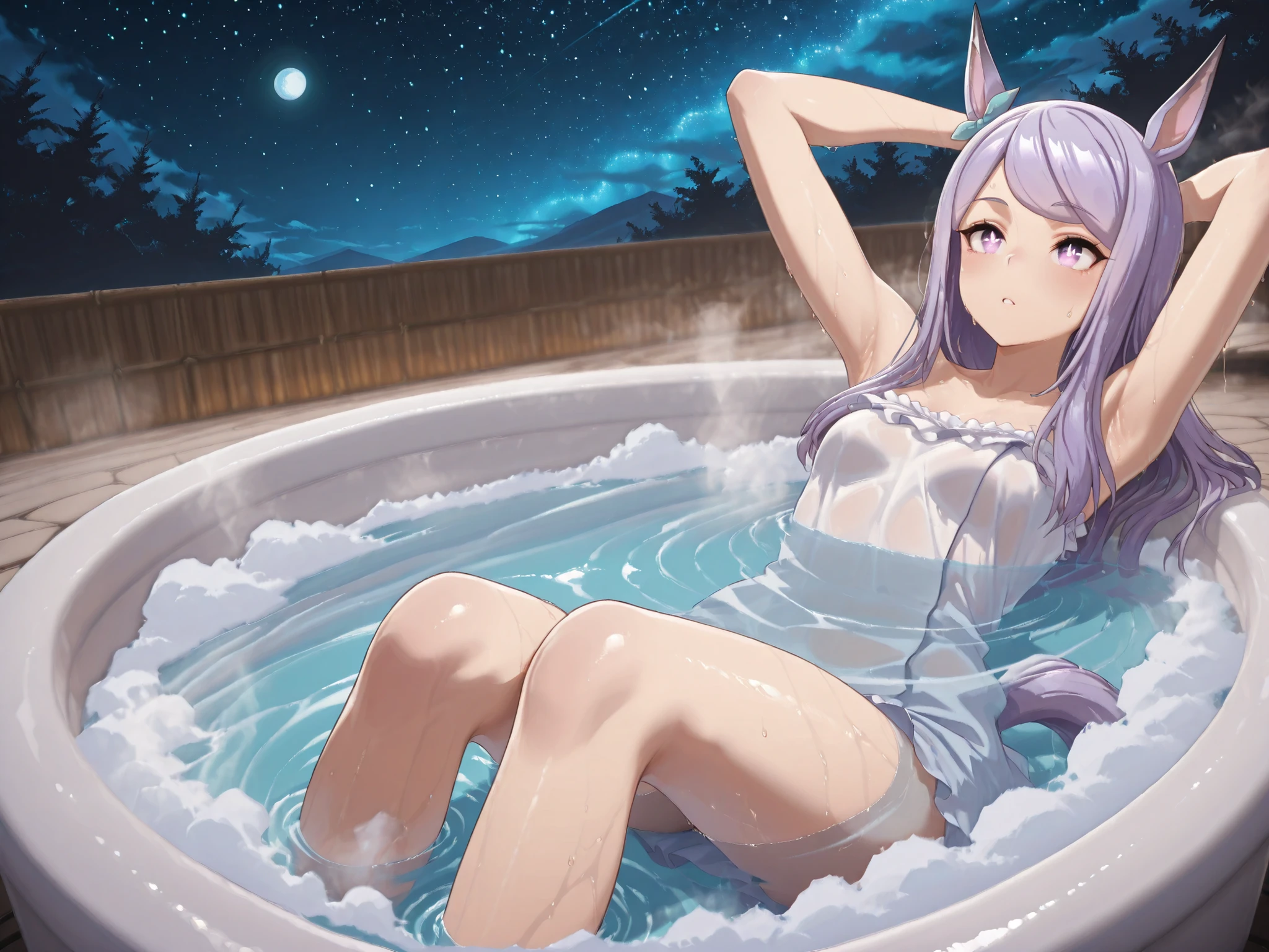 Highest Quality,masterpiece,Uma Musume,white-eye McQueen,horse ear,Horse tail,Armpit,sweat,wet skin,gentle expression,soft touch,Delicate Body Curves,Realistic Human Body,outdoor,Hot Springs,Hot Springsに入っている,Steam bath,bath towel,(starry sky,moon,looking up from below,Night Sky),soak in the bathtub,