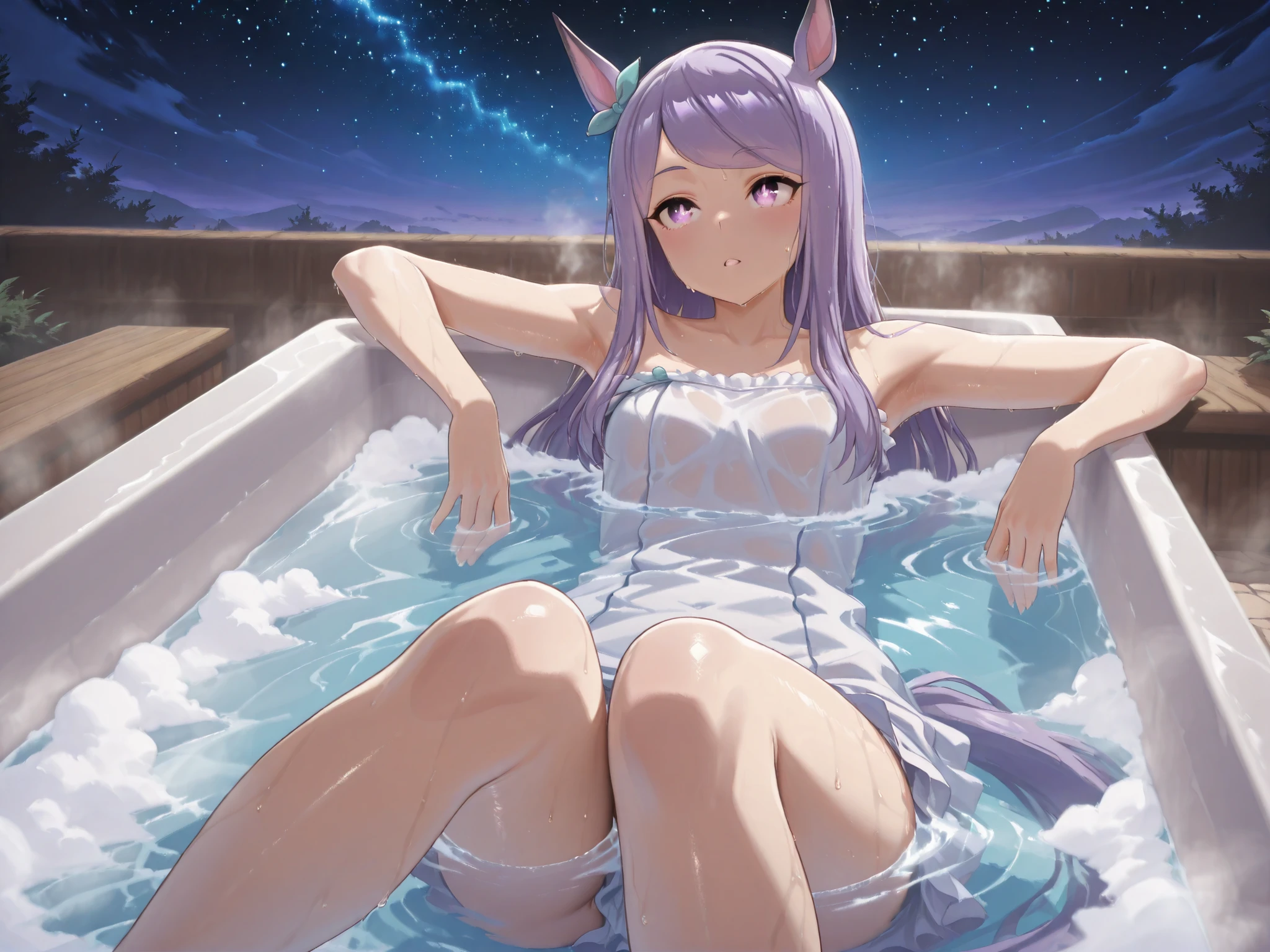 Highest Quality,masterpiece,Uma Musume,white-eye McQueen,horse ear,Horse tail,Armpit,sweat,wet skin,gentle expression,soft touch,Delicate Body Curves,Realistic Human Body,outdoor,Hot Springs,Hot Springsに入っている,Steam bath,bath towel,(starry sky,moon,looking up from below,Night Sky),soak in the bathtub,