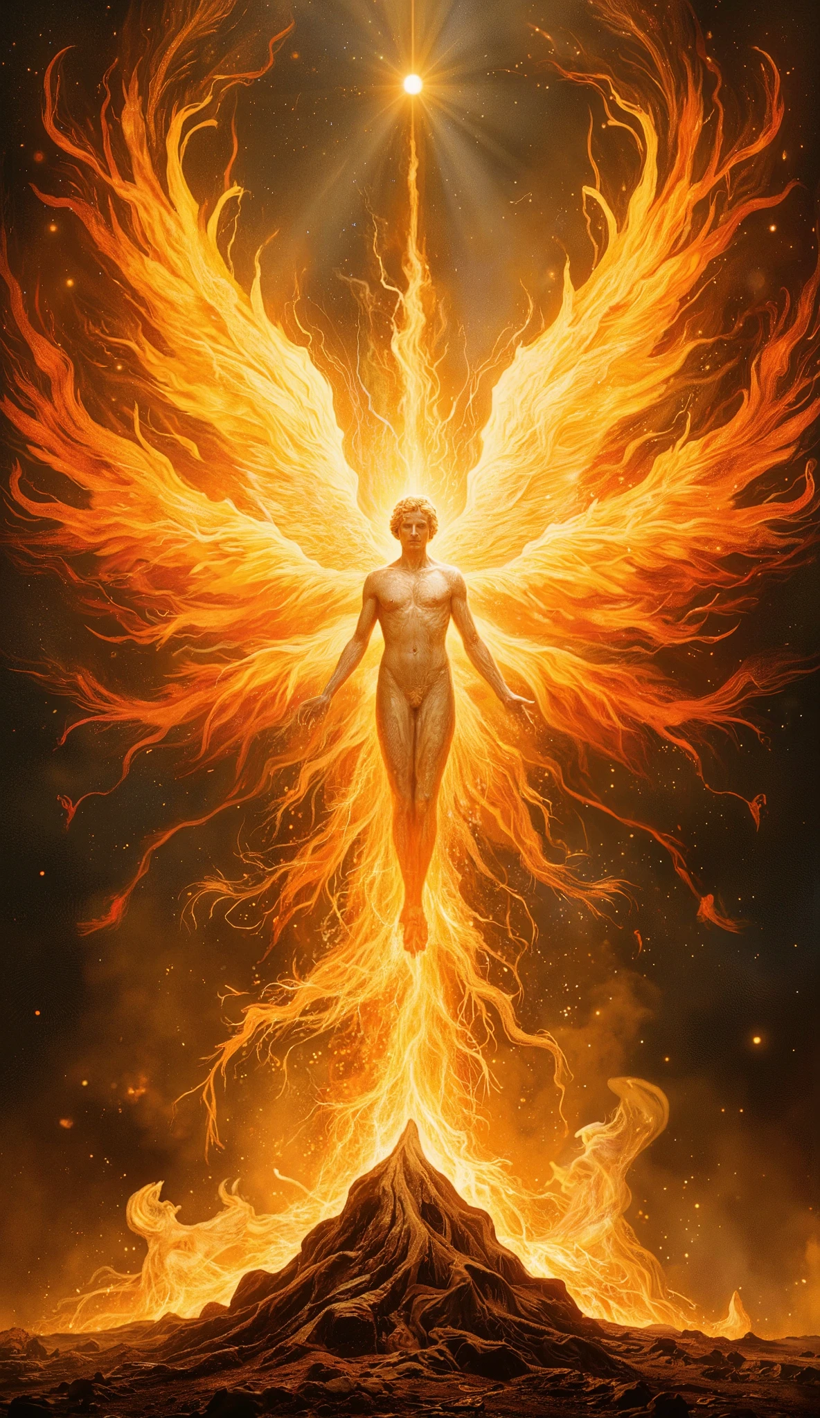 Ancient mythology style, Archangel Uriel is being of unparalleled light erupting in golden sunflares that form a Phoenix around his angelic beauty, flame radiating and abstract like living flame layered like leaves in dmai style yellow, orange red、The moment it flies with its flaming wings spread wide、makes you feel vitality in a majestic atmosphere、There is a pile of ash underfoot、Dynamic composition with a full body up、had a dark background、emphasizes a fantasy atmosphere、 beautiful and delicate depiction 、Artistic Perfection、masterpiece, best quality, amazing quality, Inspired by the cosmic artistry of Android Jones, the futuristic visions of Ash Thorp, and the ethereal landscapes of Simon Stalenhag, rendered in 8k resolution with holographic astral cosmic illustration techniques, and a touch of Pablo Amaringo's visionary style; ultra-high resolution; a perfect balance of light and shadow; incredibly detailed rendering; cinematic quality; evocative atmosphere; grand, magnificent, and hyper-realistic.6