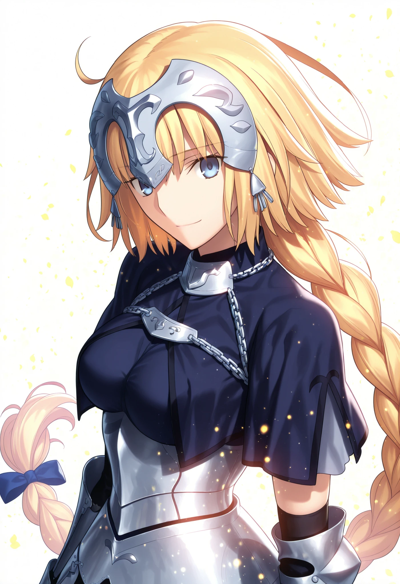 masterpiece, , absurdres, highres, detailed background, high resolution, masterpiece, necessary, , best quality, quality, necessary, details, High details, Precise, 8k ,(white background, simple ground),((colorful light particles, powder light, shiny light )), from side, close up, upper body, , 
                                                                                                                                                                                                                         1girl, Takeuchi Takashi (type-moon, tsukihime) style, takeuchi takashi style, solo, (aged up:1.2), head tilt, light smile, from above,
   
1girl, jeanne d arc, \(fgo\), light blue eyes, , jeanne d arc, blonde hair, medium hair, tsurime, single braid, ((very big braid, huge braid)), , armor, armored dress, black gloves, huge braid, dress, , gloves, headpiece, blue dress, ,small breasts ,(looking at viewer), ,,