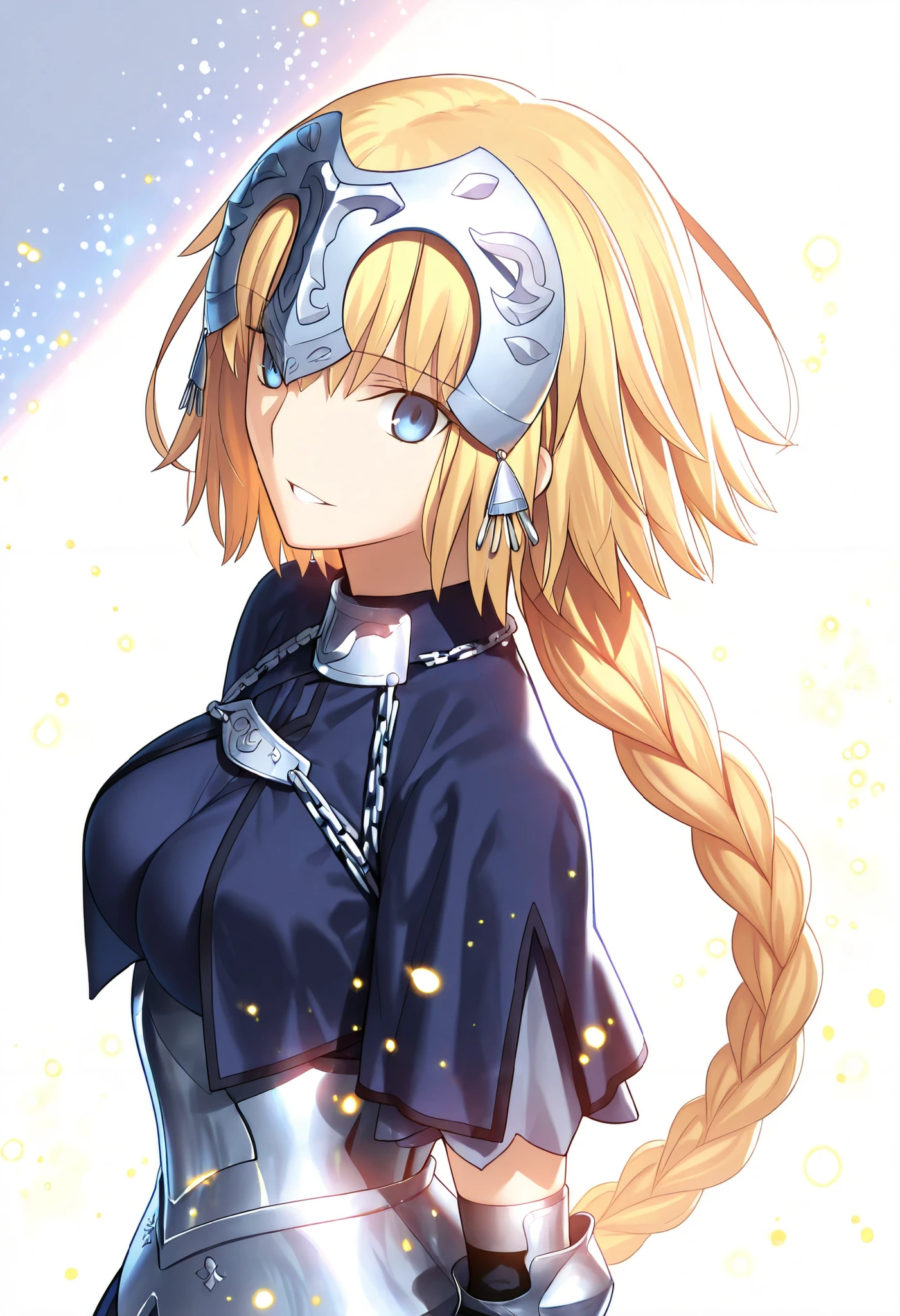 masterpiece, , absurdres, highres, detailed background, high resolution, masterpiece, necessary, , best quality, quality, necessary, details, High details, Precise, 8k ,(white background, simple ground),((colorful light particles, powder light, shiny light )), from side, close up, upper body, ,
1girl, Takeuchi Takashi (type-moon, tsukihime) style, takeuchi takashi style, solo, (aged up:1.2), head tilt, light smile, from above,
1girl, jeanne d arc, \(fgo\), light blue eyes, tsurime, jeanne d arc, blonde hair, medium hair, tsurime, single braid, ((very big braid, huge braid)), , armor, armored dress, black gloves, huge braid, dress, , gloves, headpiece, blue dress, ,small breasts ,(looking at viewer), parted lips, ,,