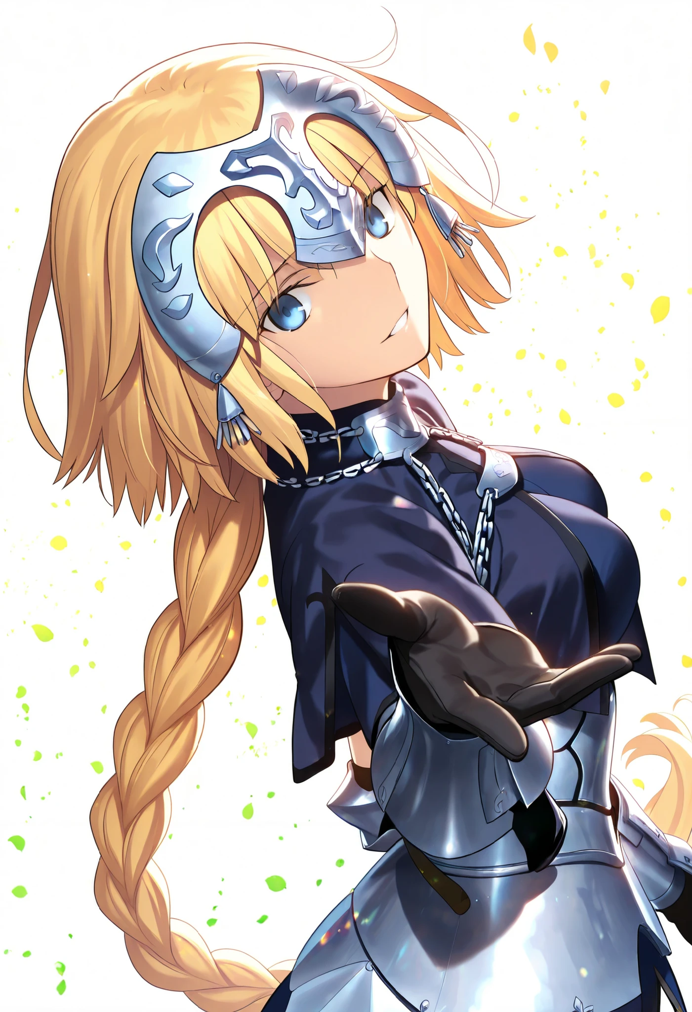 masterpiece, , absurdres, highres, detailed background, high resolution, masterpiece, necessary, , best quality, quality, necessary, details, High details, Precise, 8k ,(white background, simple ground),((colorful light particles, powder light, shiny light )), from side, close up, upper body, , 
                                                                                                                                                                                                                         1girl, Takeuchi Takashi (type-moon, tsukihime) style, takeuchi takashi style, solo, (aged up:1.2), head tilt, light smile, from above, reaching,
   
1girl, jeanne d arc, \(fgo\), light blue eyes, tsurime, jeanne d arc, blonde hair, medium hair, tsurime, single braid, ((very big braid, huge braid)), , armor, armored dress, black gloves, huge braid, dress, , gloves, headpiece, blue dress, ,small breasts ,(looking at viewer), parted lips, ,,