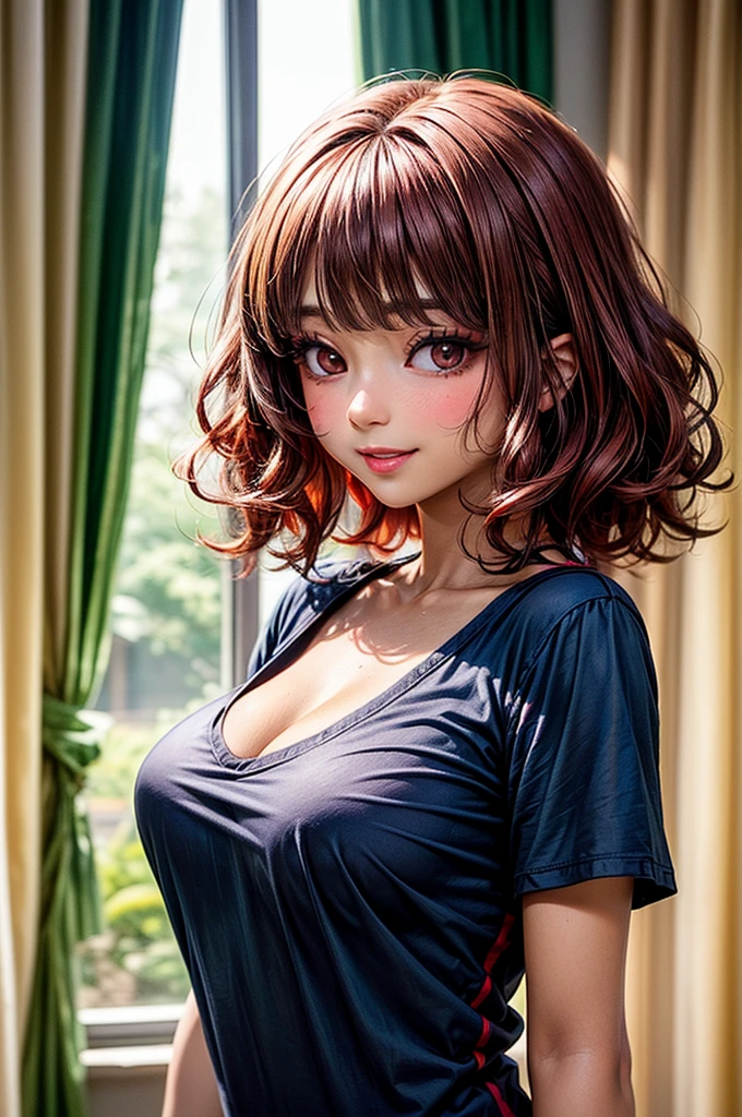 messy hairstyle, 25 years old,  busty, cleavage, unbuttoned , skirt, standing, coy smile,  parted lips, (blushing:1.3), looking invitingly at the viewer, facing the viewer, livingroom background, leaning forward on table, (pov), glowing eyes, necklace, earrings, ????, 