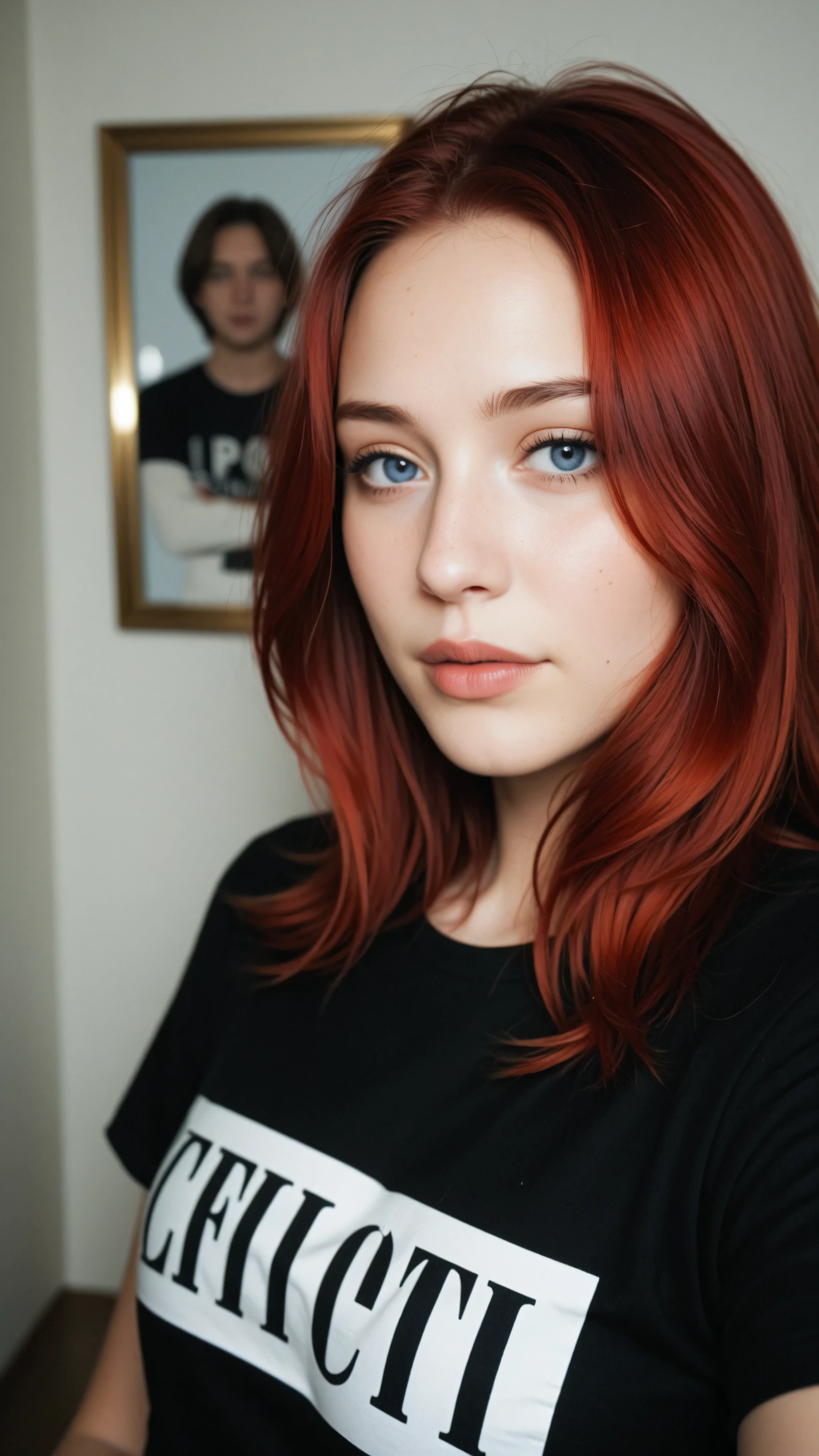 Beautiful red-haired girl with blue eyes, shoulder-length hair, is wearing a black t-shirt, Portrait photograph only of his face 