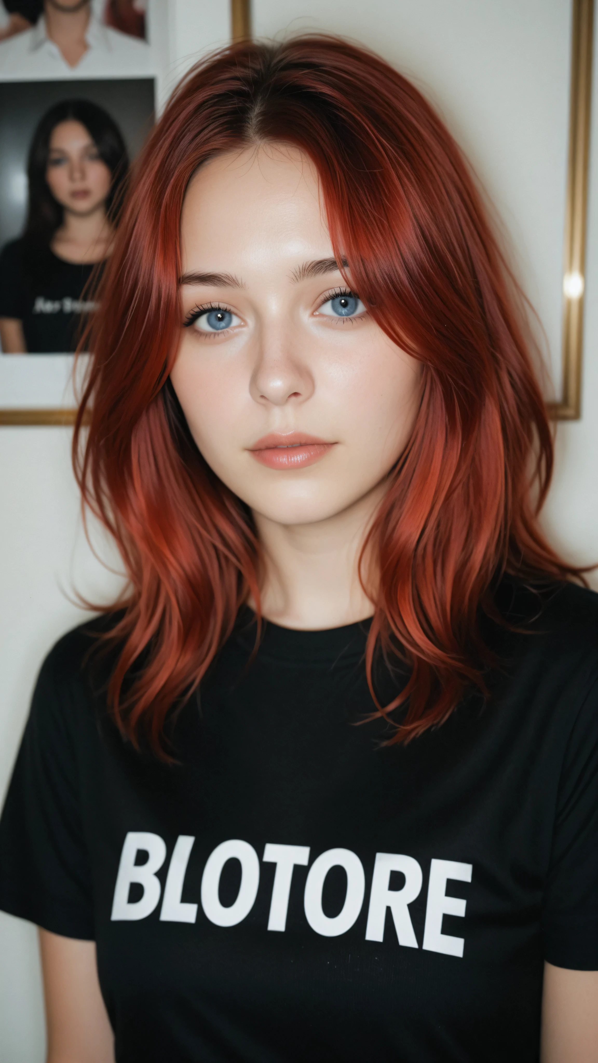 Beautiful red-haired girl with blue eyes, shoulder-length hair, is wearing a black t-shirt, Portrait photograph only of his face