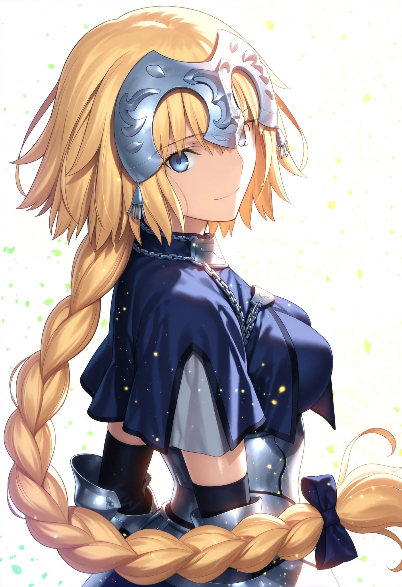 masterpiece, , absurdres, highres, detailed background, high resolution, masterpiece, necessary, , best quality, quality, necessary, details, High details, Precise, 8k ,(white background, simple ground),((colorful light particles, powder light, shiny light, grit)), from side, close up, upper body, ,
1girl, Takeuchi Takashi (type-moon, tsukihime) style, takeuchi takashi style, solo, (aged up:1.2), head tilt, light smile, from above,
1girl, jeanne d arc, \(fgo\), light blue eyes, (tsurime) , jeanne d arc, blonde hair, medium hair, tsurime, single braid, ((very big braid, huge braid)), , armor, armored dress, black gloves, huge braid, dress, , gloves, headpiece, blue dress, ,small breasts ,(looking at viewer), ,,