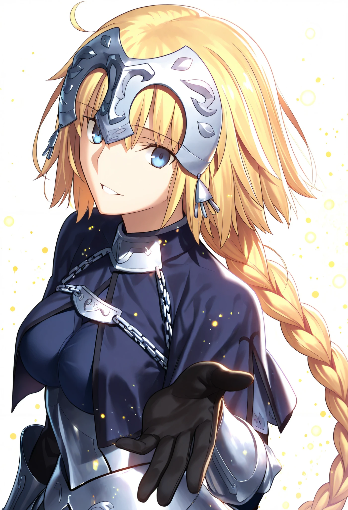 masterpiece, , absurdres, highres, detailed background, high resolution, masterpiece, necessary, , best quality, quality, necessary, details, High details, Precise, 8k ,(white background, simple ground),((colorful light particles, powder light, shiny light )), from side, close up, upper body, ,
1girl, Takeuchi Takashi (type-moon, tsukihime) style, takeuchi takashi style, solo, (aged up:1.2), head tilt, light smile, from above, reaching,
1girl, jeanne d arc, \(fgo\), light blue eyes, tsurime, jeanne d arc, blonde hair, medium hair, tsurime, single braid, ((very big braid, huge braid)), , armor, armored dress, black gloves, huge braid, dress, , gloves, headpiece, blue dress, ,small breasts ,(looking at viewer), parted lips, ,,