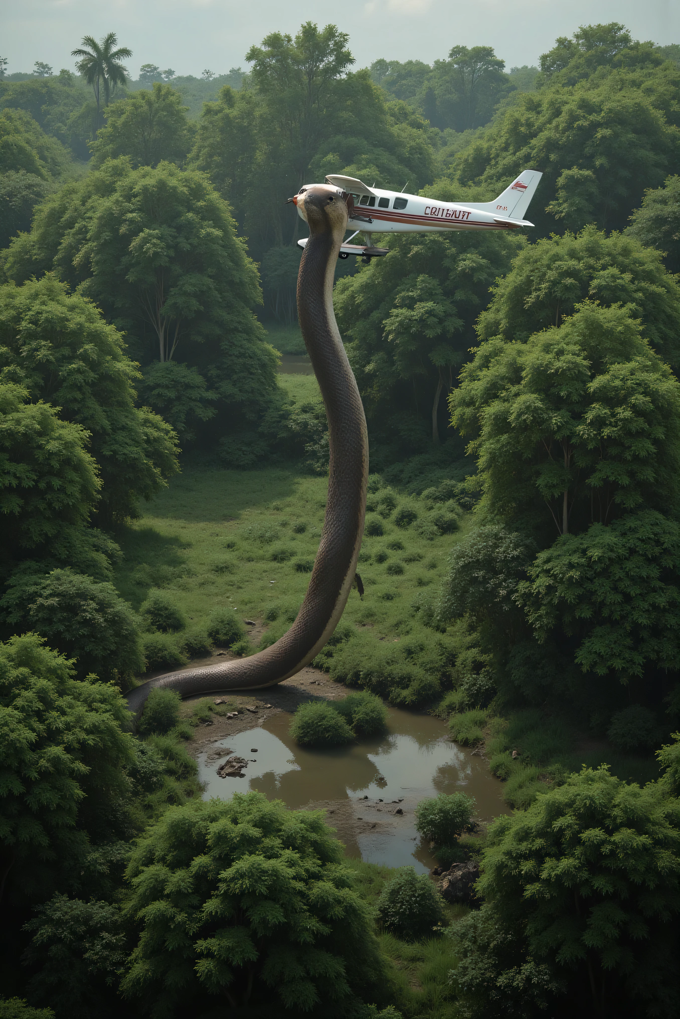 Ultra realistic. A small prop plane is flying over a tropical rainforest. The crew spots an impossibly large snake in a small clearing near a water hole. As they circle the snake lifts itself up to nearly 3/4 of the way up to the plane. Images look like they were taken just a few feet above the plane. Ultra-realistic, photo-realistic, ultra detailed, Stunning, 8k Octane, high-res, Art, Fujicolor, cinematic lighting and shadowing, cinematic photography, 3D rendered realism, physically-based rendering, attention to detail and texture, surrealism, Unreal Engine, UHDR, Super Detailed, Best Quality! A Masterpiece.
