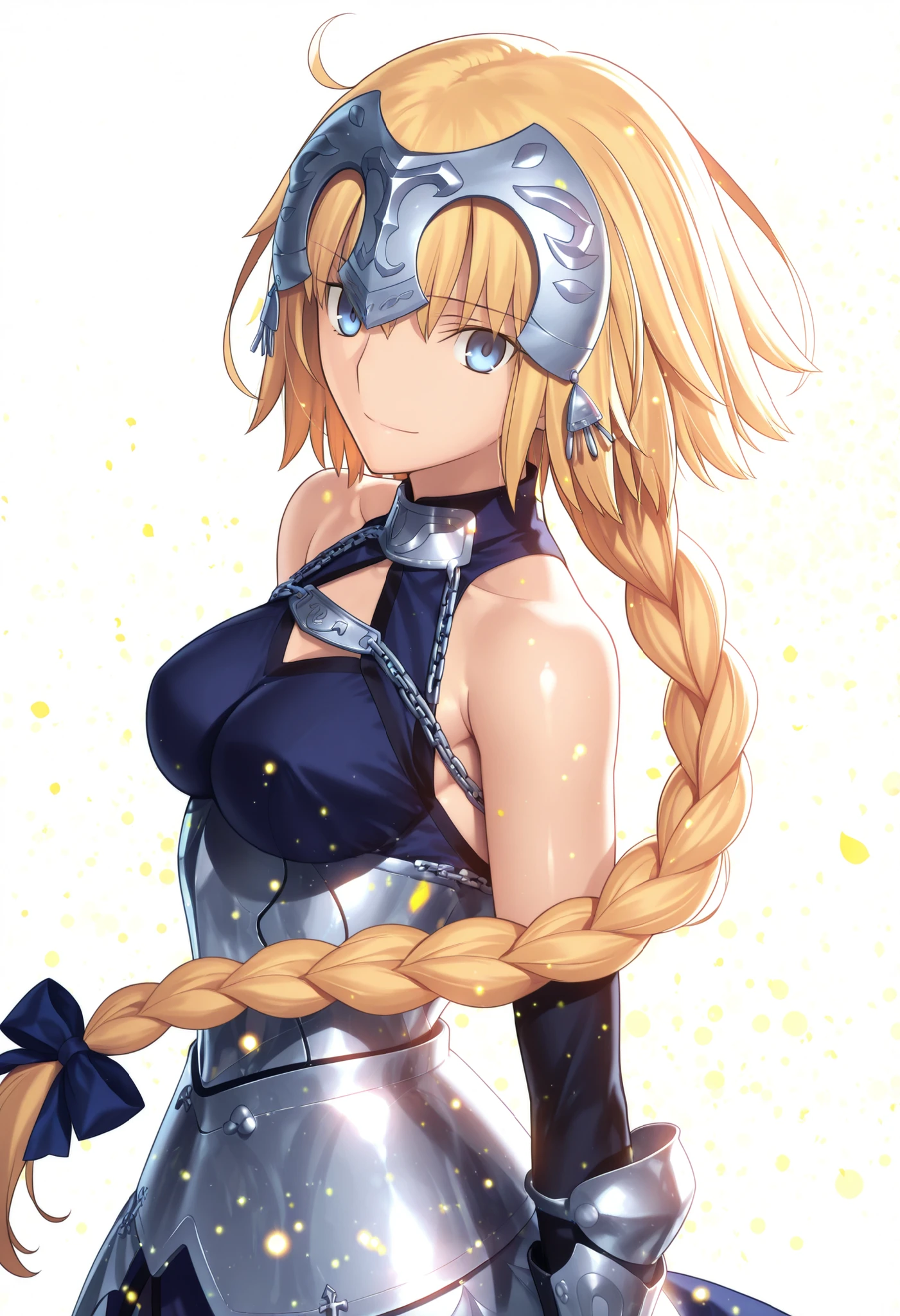 masterpiece, , absurdres, highres, detailed background, high resolution, masterpiece, necessary, , best quality, quality, necessary, details, High details, Precise, 8k ,(white background, simple ground),((colorful light particles, powder light, shiny light, grit)), from side, close up, upper body, , 
                                                                                                                                                                                                                         1girl, Takeuchi Takashi (type-moon, tsukihime) style, takeuchi takashi style, solo, (aged up:1.2), head tilt, light smile, from above,
   
1girl, jeanne d arc, \(fgo\), light blue eyes, (tsurime) , jeanne d arc, blonde hair, medium hair, tsurime, single braid, ((very big braid, huge braid)), , armor, armored dress, black gloves, huge braid, dress, , gloves, headpiece, blue dress, ,small breasts ,(looking at viewer), ,,