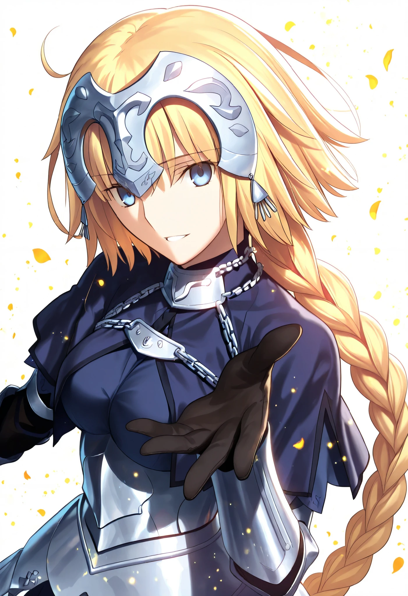 masterpiece, , absurdres, highres, detailed background, high resolution, masterpiece, necessary, , best quality, quality, necessary, details, High details, Precise, 8k ,(white background, simple ground),((colorful light particles, powder light, shiny light )), from side, close up, upper body, ,
1girl, Takeuchi Takashi (type-moon, tsukihime) style, takeuchi takashi style, solo, (aged up:1.2), head tilt, light smile, from above, reaching,
1girl, jeanne d arc, \(fgo\), light blue eyes, tsurime, jeanne d arc, blonde hair, medium hair, tsurime, single braid, ((very big braid, huge braid)), , armor, armored dress, black gloves, huge braid, dress, , gloves, headpiece, blue dress, ,small breasts ,(looking at viewer), parted lips, ,,