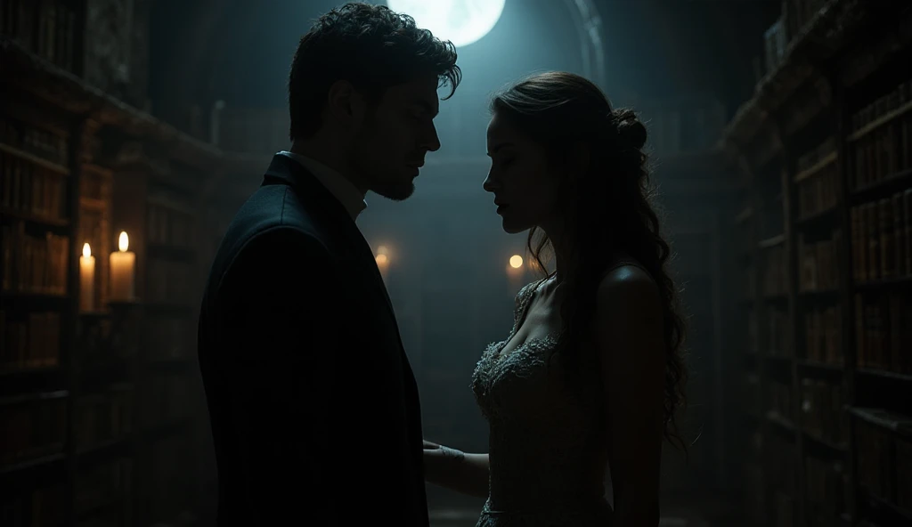 a beautiful gothic picture of a pretty young vampiress with hip-length golden blonde curls and beautiful bright sky-like eyes together with Louis De Pointe Du Lac with black hair from the Chronicles of the Vampire as a couple.