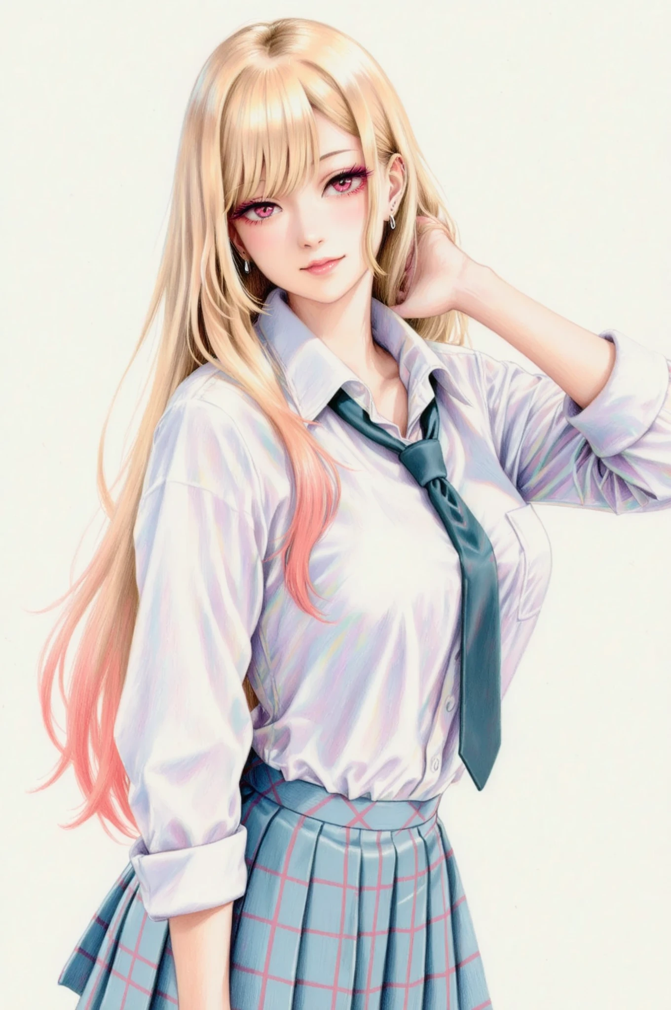 masterpiece, Highest Quality, 1 woman, marin kitagawa, uniform, white shirt, necktie, Plaid Pleated Skirt, Colored pencil drawing.
