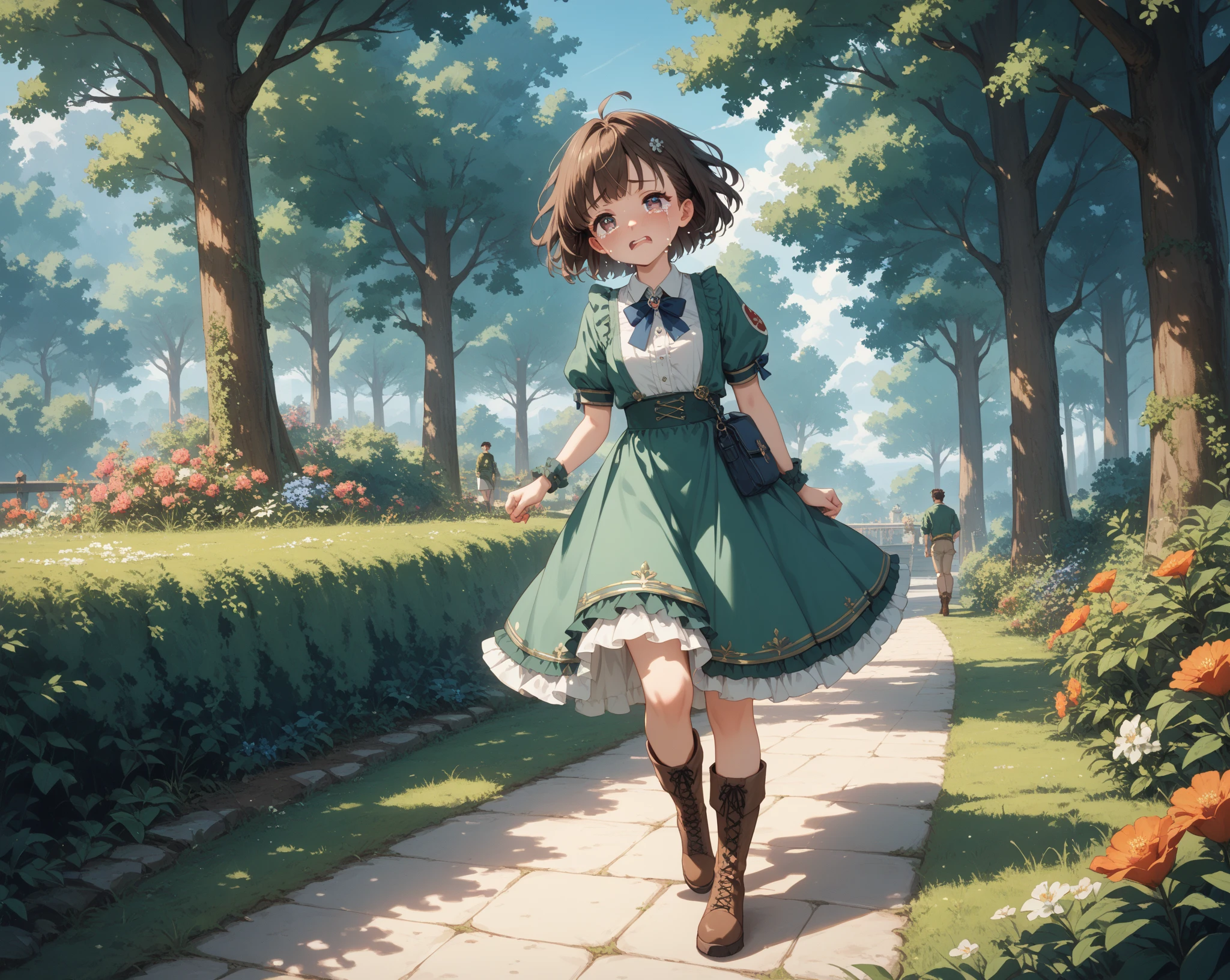 (high quality, High resolution, Super detailed, reality:1.37), peaceful atmosphere, (outdoor, garden), teenage girl standing alone, (my  are big.), Beautiful detail features, cute smile, (black bob hair), Short sleeve ribbed sweater, blue skirt, black tights, brown boots.