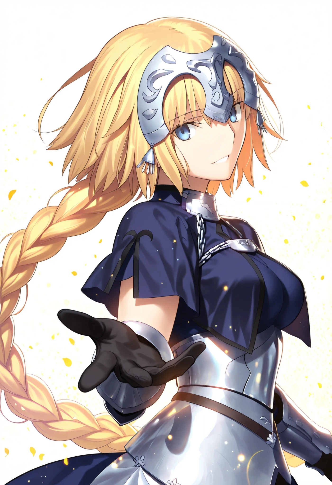 masterpiece, , absurdres, highres, detailed background, high resolution, masterpiece, necessary, , best quality, quality, necessary, details, High details, Precise, 8k ,(white background, simple ground),((colorful light particles, powder light, shiny light )), from side, close up, upper body, , 
                                                                                                                                                                                                                         1girl, Takeuchi Takashi (type-moon, tsukihime) style, takeuchi takashi style, solo, (aged up:1.2), head tilt, light smile, from above, reaching,
   
1girl, jeanne d arc, \(fgo\), light blue eyes, tsurime, jeanne d arc, blonde hair, medium hair, tsurime, single braid, ((very big braid, huge braid)), , armor, armored dress, black gloves, huge braid, dress, , gloves, headpiece, blue dress, ,small breasts ,(looking at viewer), parted lips, ,,