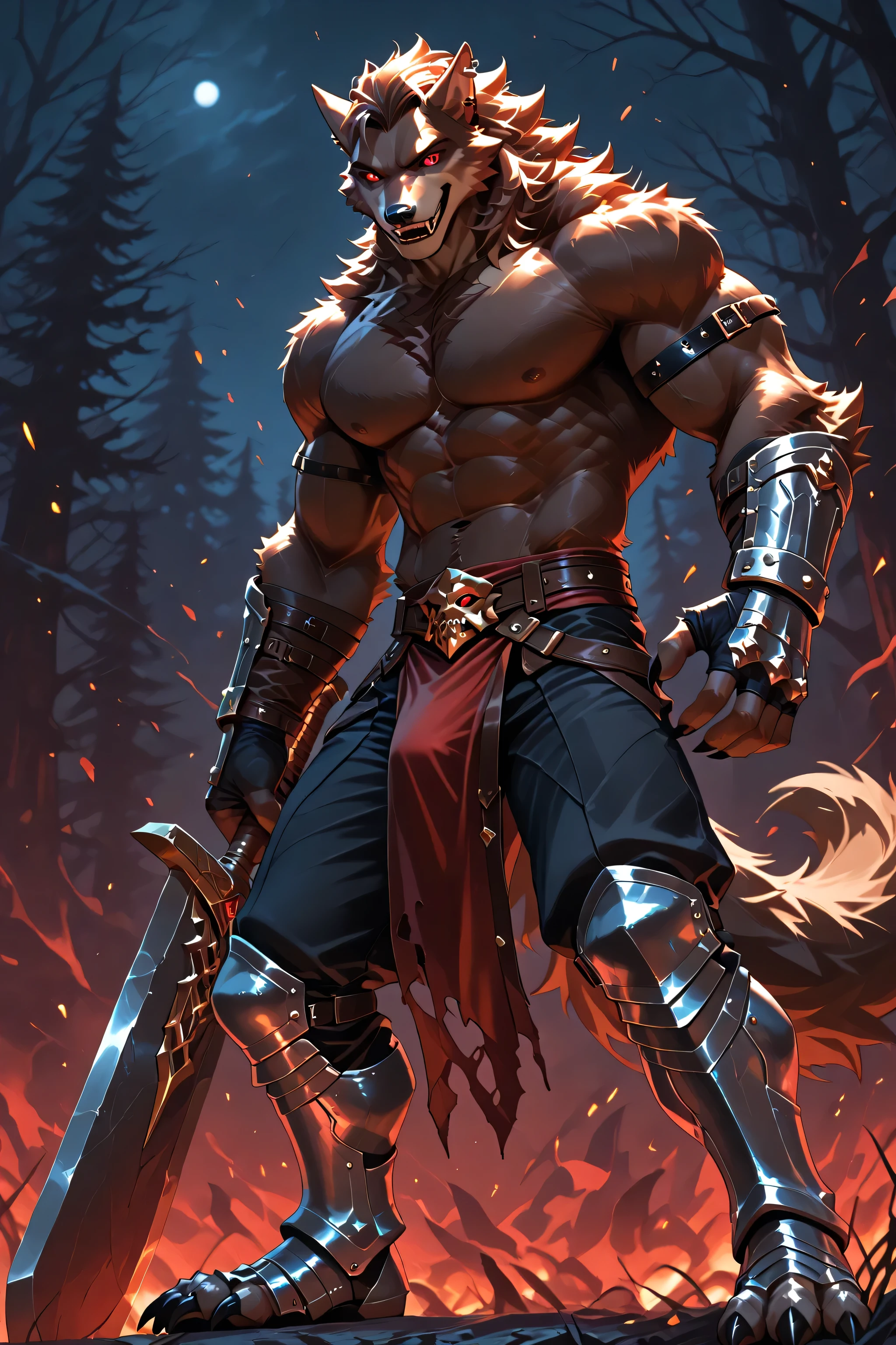1man, werewolf, furry, brown fur, red eyes, muscular, claws, metal bracers, white dick,fingerless gauntlets, armored boots, black pants, arm bands, earclip, (toothy smile:0.8), giant sword