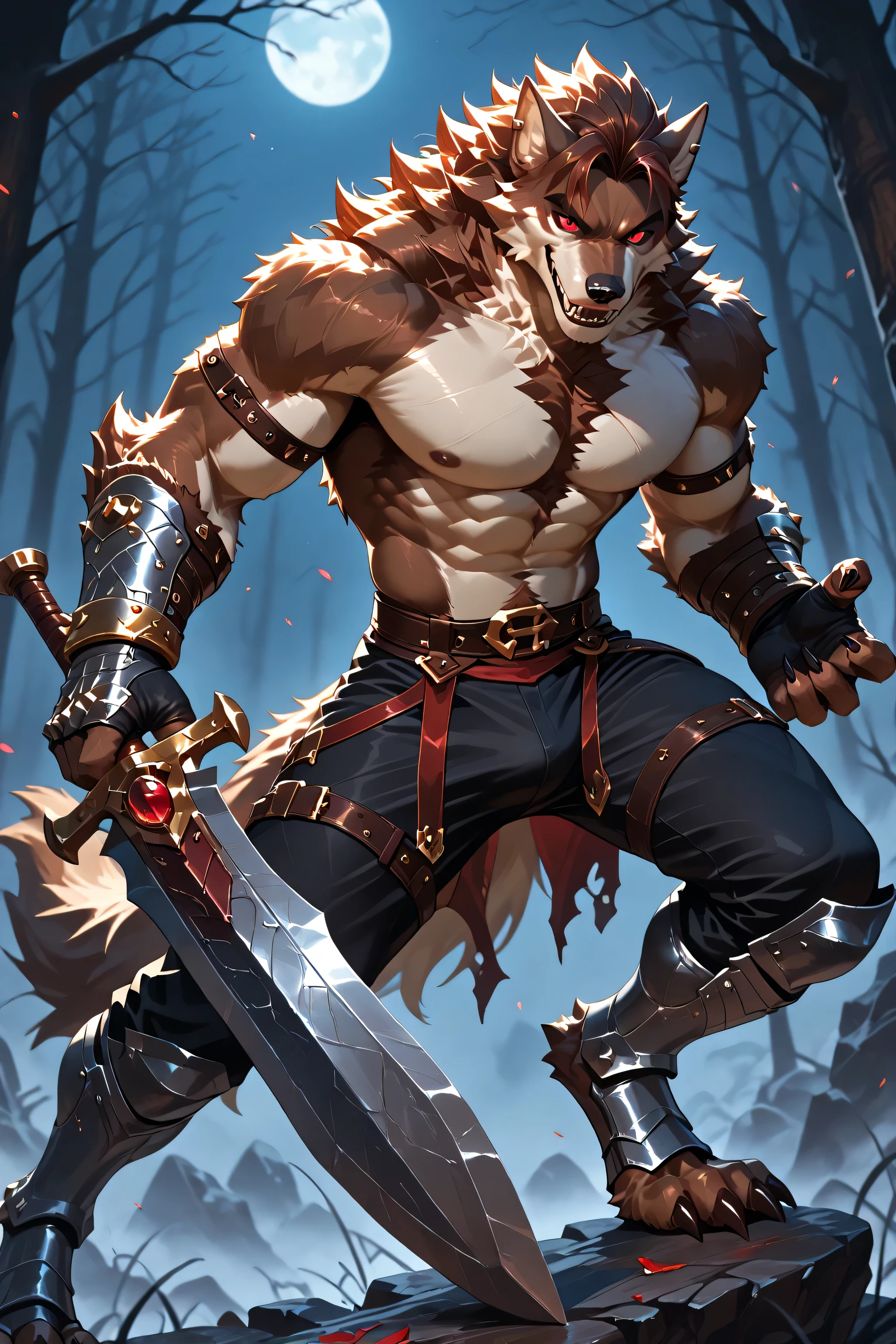 1man, werewolf, furry, brown fur, red eyes, muscular, claws, metal bracers, white dick,fingerless gauntlets, armored boots, black pants, arm bands, earclip, (toothy smile:0.8), giant sword