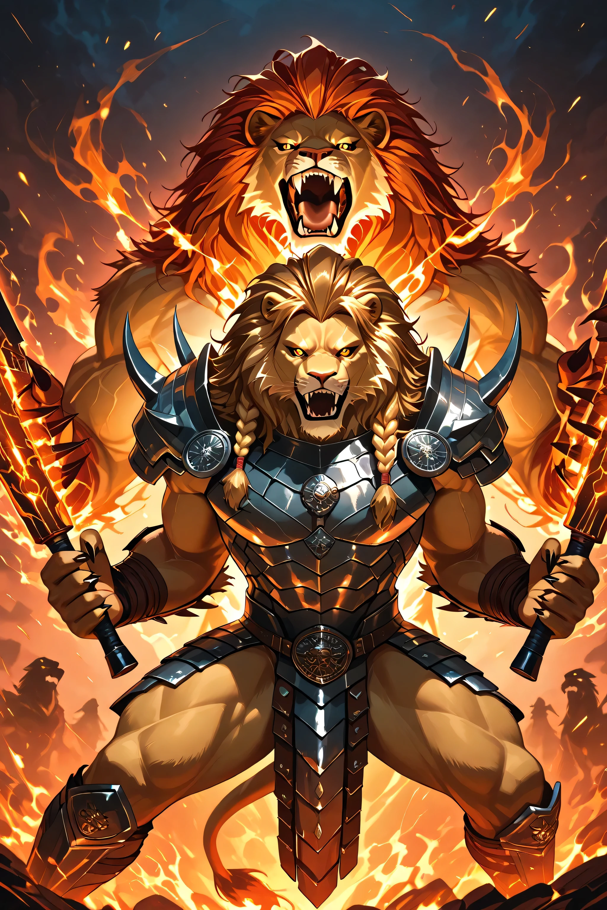 A fierce and mighty warrior infused with the majestic traits of a lion, embodying raw strength and primal dominance. His muscular frame is adorned with a thick, golden-brown mane cascading down his back, blending seamlessly with his braided hair. His facial features take on feline characteristics, including a powerful jaw and glowing amber eyes, radiating an intimidating yet regal aura. His armor integrates lion motifs, with sharp claws and roaring lion heads etched into the metallic design, exuding an aura of dominance and ferocity. His massive weapon is enhanced with lion-themed details, resembling sharp claws and fangs,with big white dick,naked, glowing with a fiery orange hue. The setting is an intense battlefield lit by blazing fire and molten embers, emphasizing his primal power. His stance, ready to strike, echoes the poise and raw energy of a lion, the king of the jungle.