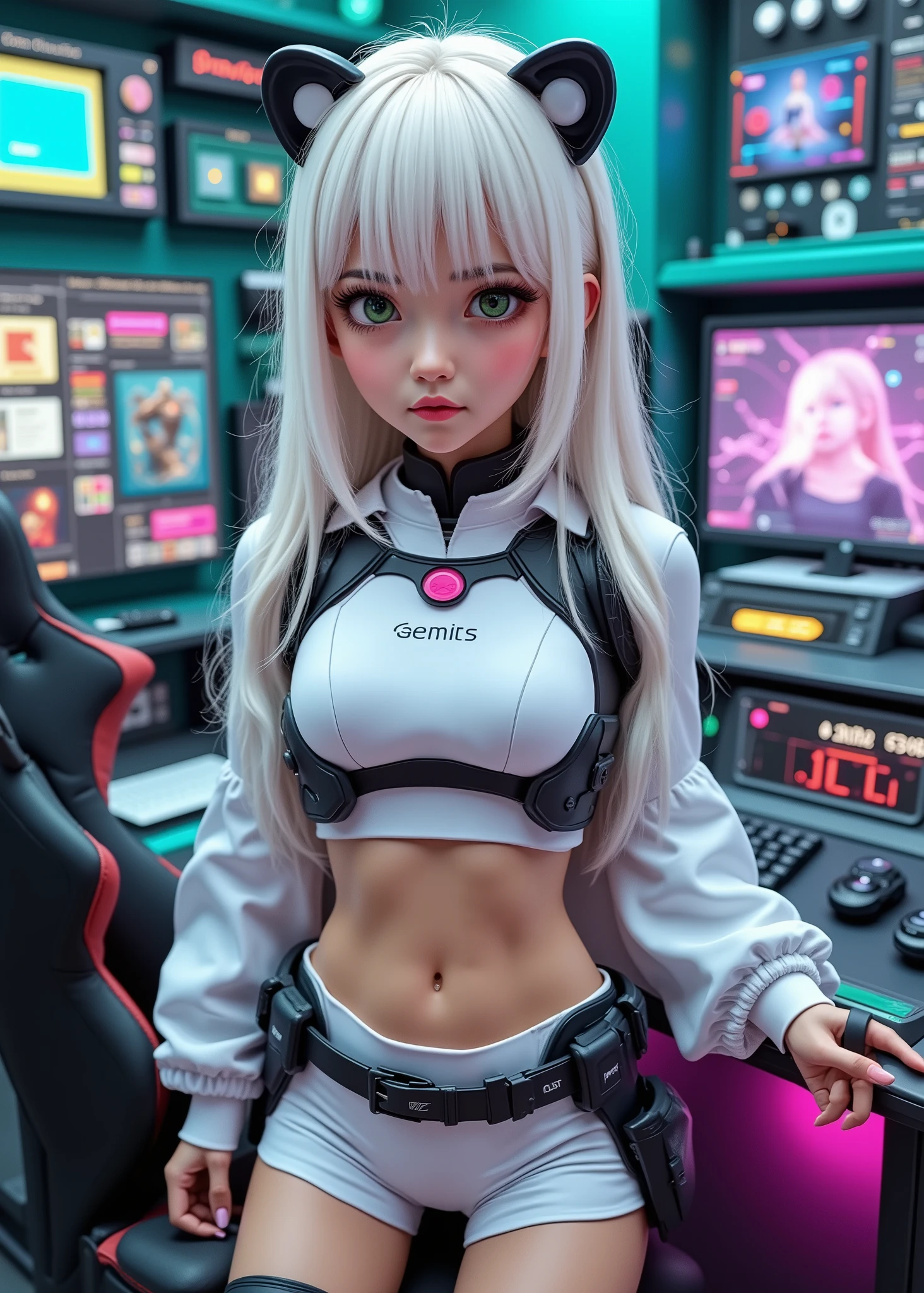 Real cute girl standing, with pale green white hair、Face looks like white porcelain、Little Girl、black on white Android suit, White Short Boots、Beautiful belly and belly、sitting in a gaming chair、control panels、Room with monitor screen showing her、ultra-detailed rendering of vivid gradients floating around the subject、(100%Full body photo)、perfect framing from head to toe、3D render 、Detailed and high-quality