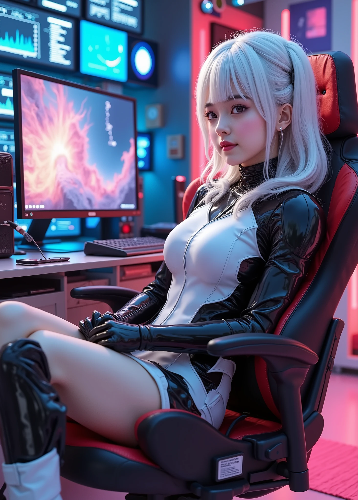 Real cute girl, white hair、Face looks like white porcelain、deformed little girl、black on white Android suit, White Short Boots、Smooth Belly、sitting in a gaming chair、control panels、Room with monitor screen showing her、ultra-detailed rendering of vivid gradients floating around the subject、(100%Full body photo)、perfect framing from head to toe、3D render 、Detailed and high-quality
