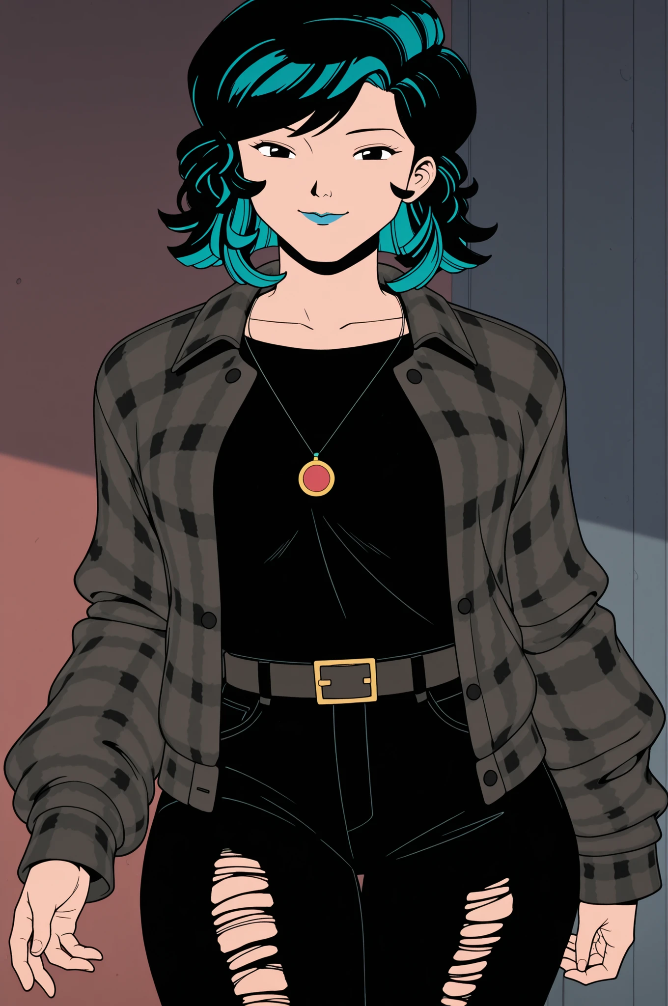 ,retro anime, classic anime, manga, vintage, flat colors, bold lines, matte, faded colors, retro. (artistic, evocative, sexy, dramatic). Very close view, gigantic ass,masterpiece,best quality,highres,beautiful girl,blue long hair, Score_9, score_8_up, Nico Minoru, black hair, multicolored hair, jacket, black shirt, black pants, belt, ripped pants, smiling, black eyes, chocker, necklace, pale, curvy, big tits,