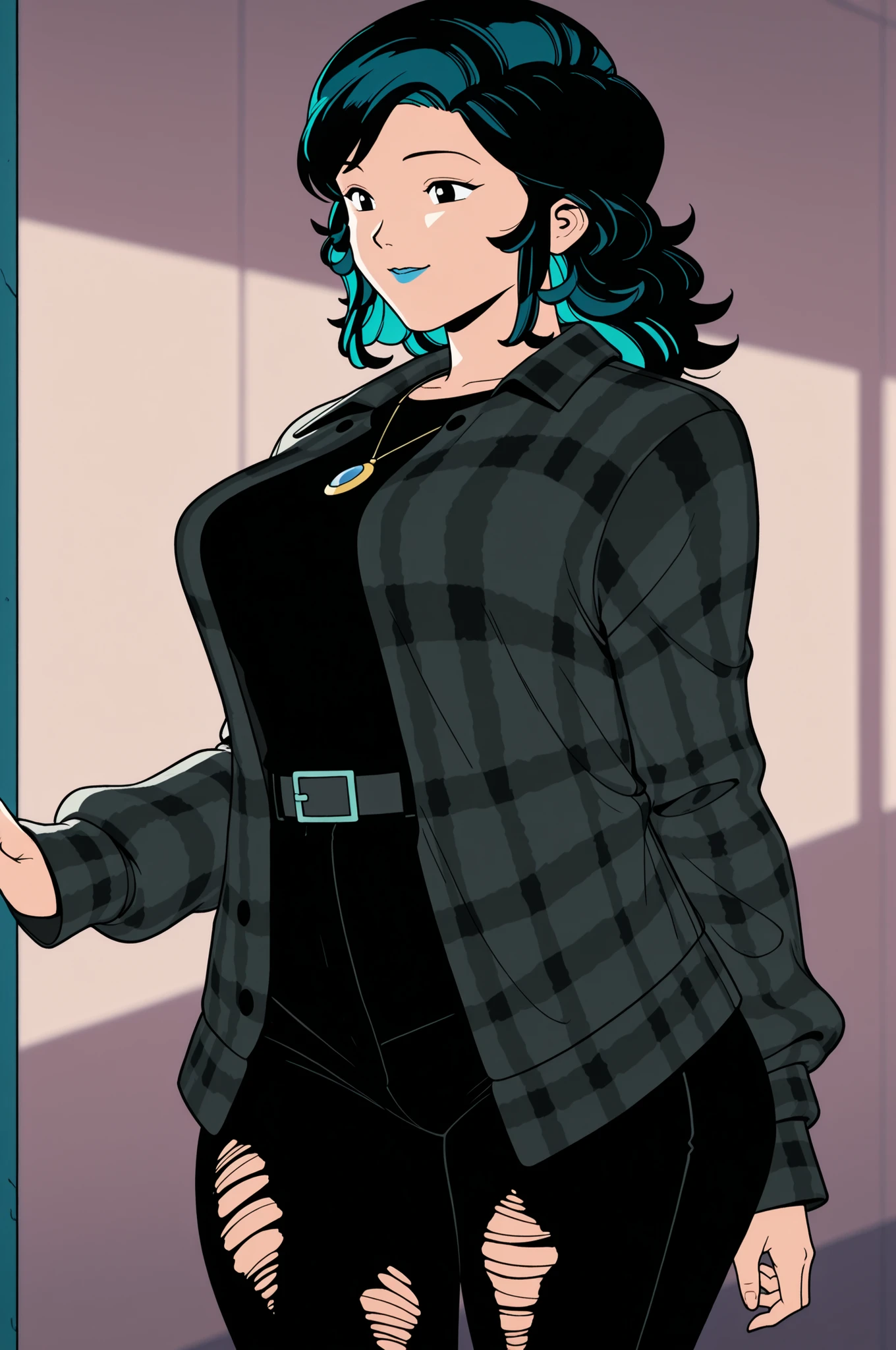 ,retro anime, classic anime, manga, vintage, flat colors, bold lines, matte, faded colors, retro. (artistic, evocative, sexy, dramatic). Very close view, gigantic ass,masterpiece,best quality,highres,beautiful girl,blue long hair, Score_9, score_8_up, Nico Minoru, black hair, multicolored hair, jacket, black shirt, black pants, belt, ripped pants, smiling, black eyes, chocker, necklace, pale, curvy, big tits,