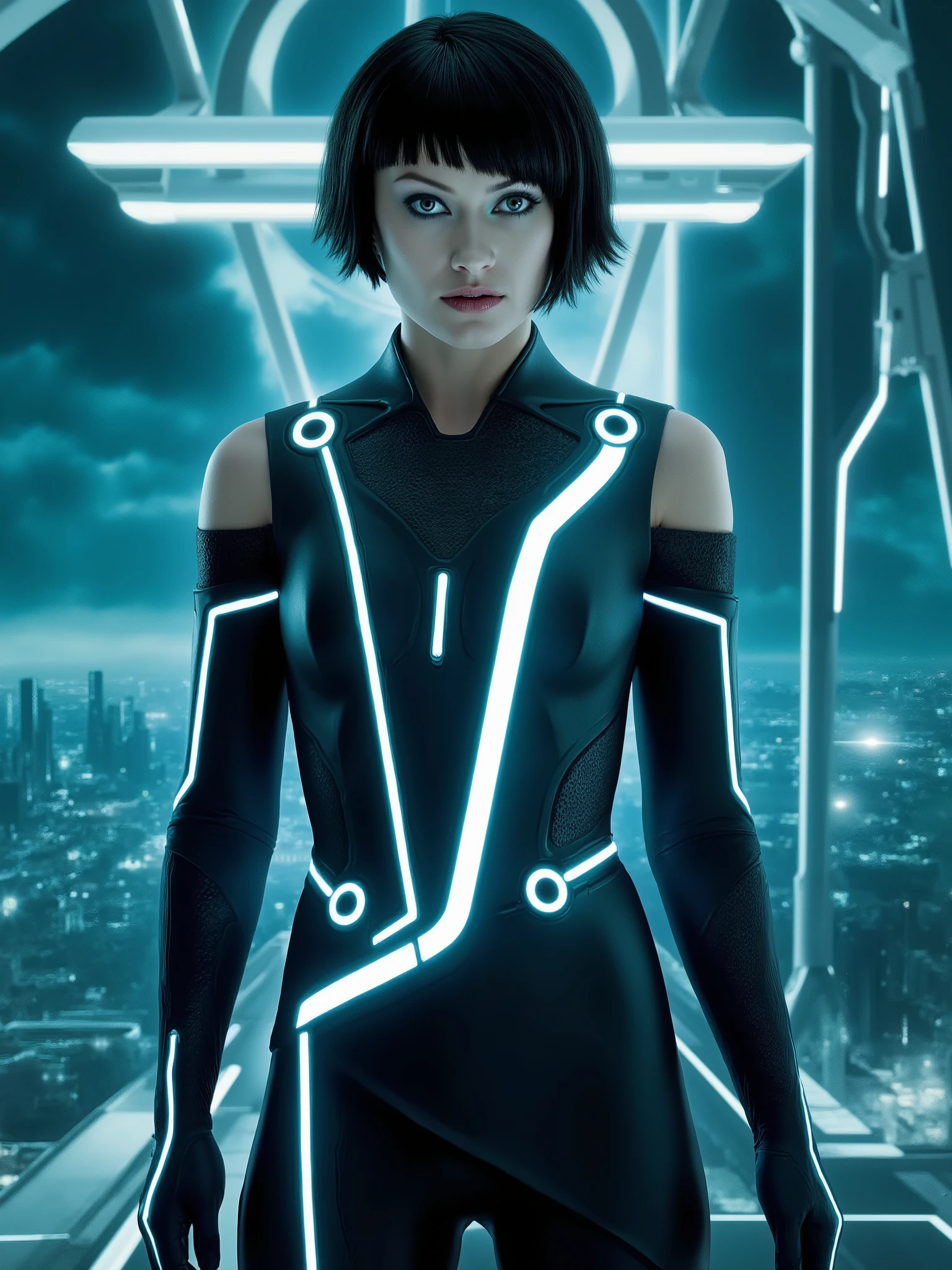 quorra - tron legacy, , une femme aux cheveux courts noirs. Elle porte une combinaison de science-fiction.
