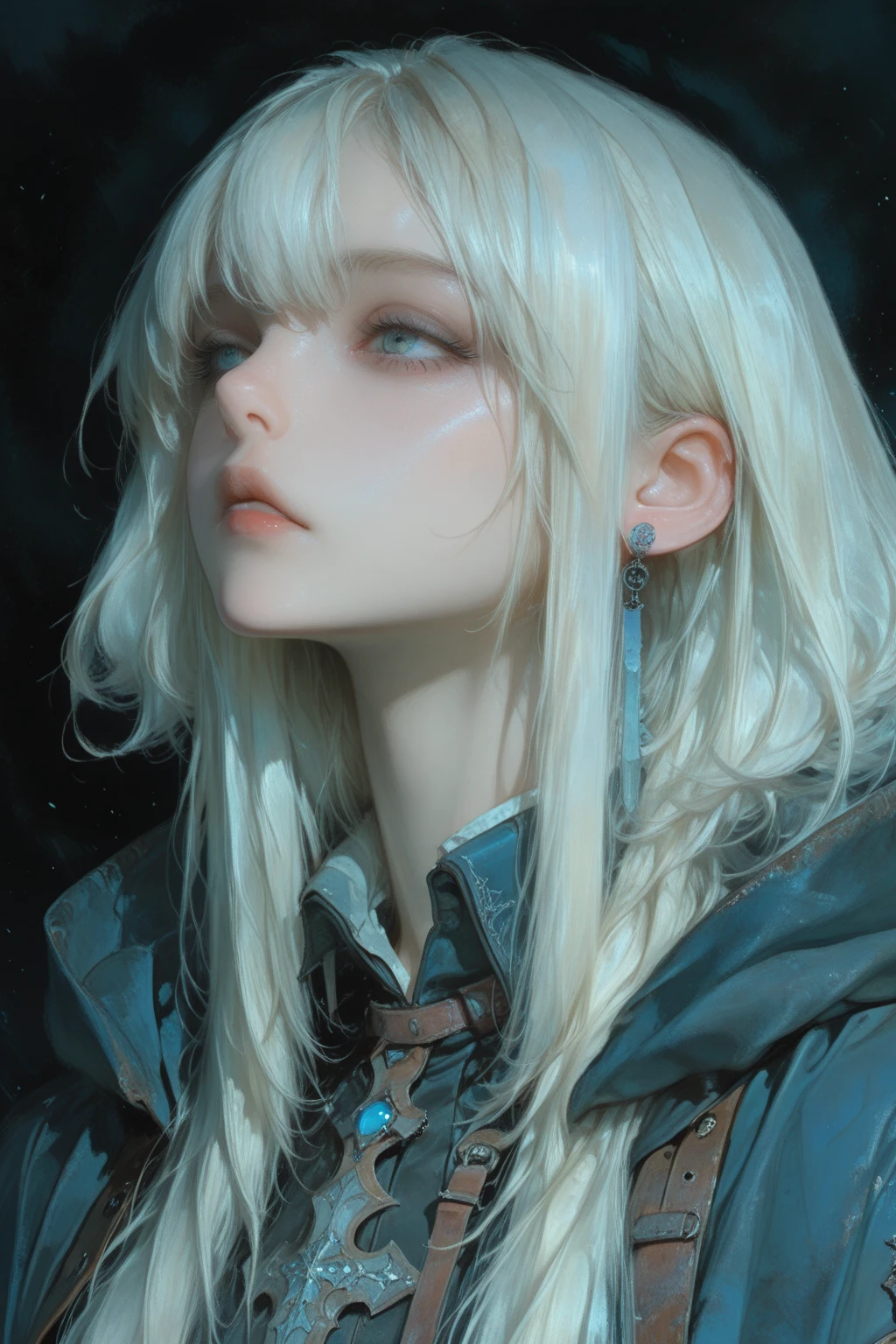 masterpiece, best quality, (alone focus), (perfect face:1.1), (high detail:1.1), (very detailed eyes), dramatic, Woman with pale skin and long, voluminous white hair, white snow, alone, long hair, Sephiroth, moon, night, white luxury suit, belly button covered, detailed background, art by artgerm,