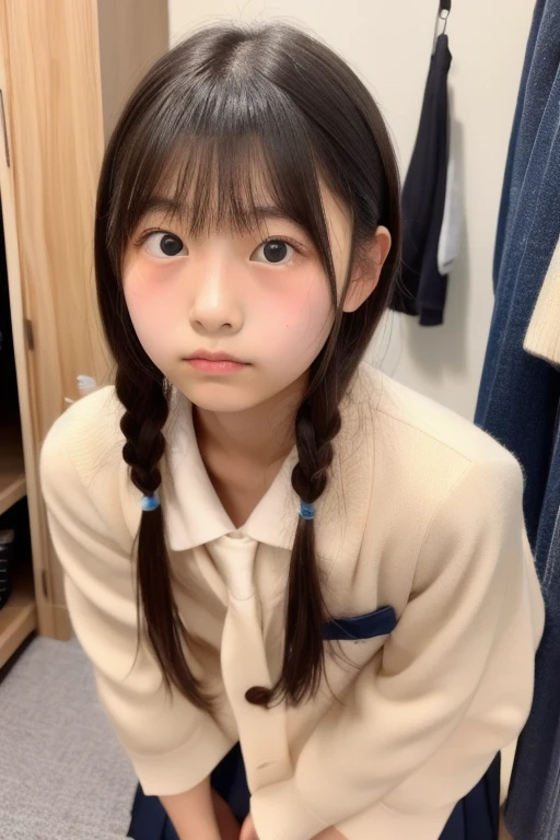 ((highest quality, masterpiece :1.3)), Photorealistic、Ultra-high resolution、Natural skin texture、Hyperrealism、Ultra close-up、12 year old beautiful Japanese girl、Twin tail hair、well-shaped breasts、White collared shirt and tie、mini skirt、Frightened expression