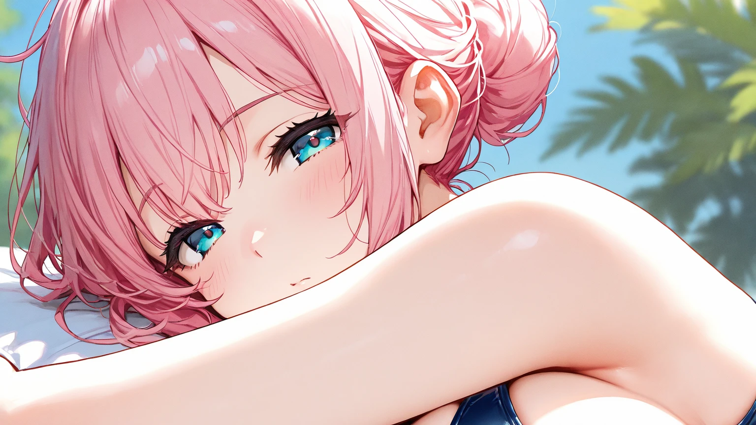 最high quality、Best image quality、masterpiece、One girl、24-years-old、Best 、Large 、Big 、Beautiful Eyes、Pink Hair, very short hair、Slender、high quality、Beautiful art、Poolside、evening、Exquisite design、Best lighting、Highest detail、8ｋ、Upper Body、Rear View、bikini、Sweat、Put your arms behind your back、View your viewers、