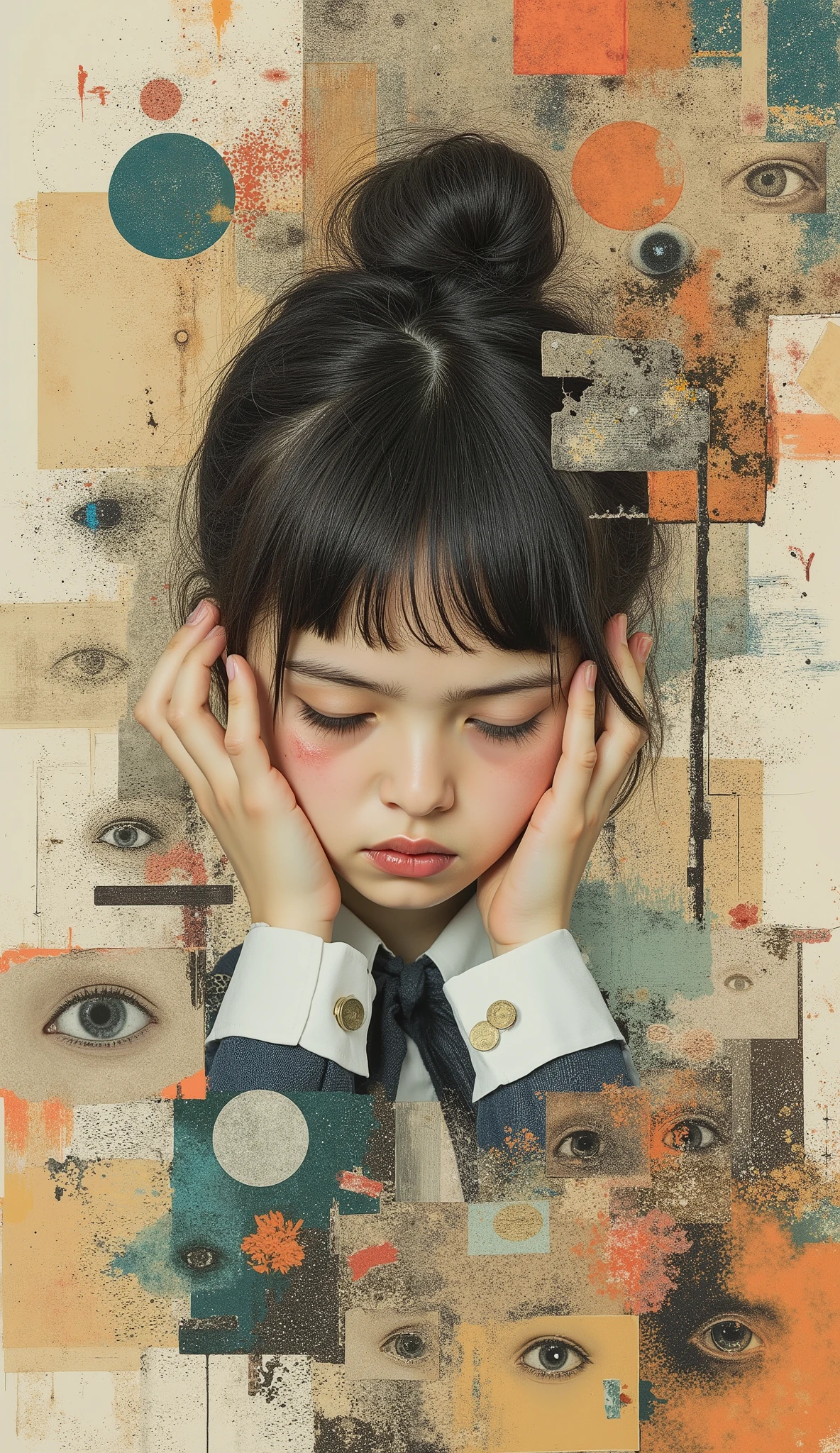 collage art, surrealism, reminiscent of the Truman Show Syndrome, Combining a minimalist profile with blended identity, full body shot. Scrawny petite delicate thin 14yo adolescent girl in neat school uniform, hair bun, no makeup, dark circles under her eyes. She looks down with morbid anxiety, she puts her hands on her ears. surrounded by abstract illustrations of eyes watching her, The collage consists of various textures and patterns, The color palette is a mixture of muted tones and bright, contrasting shades, creating a feeling of both nostalgia and rebellion, The composition is deliberately chaotic, with elements overlapping each other and going beyond the edges, adding to the raw, unfiltered aesthetics. stunning light expression, hyper photorealism, Biologically correct images, innocence, neat and clean, Highest resolution, masterpiece.