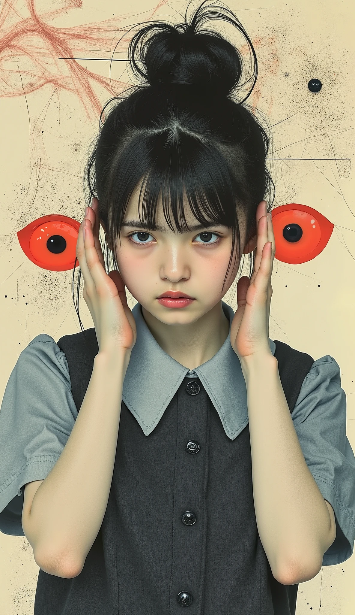 collage art, reminiscent of the Truman Show Syndrome, Combining a minimalist profile with blended identity, full body shot. Scrawny petite delicate thin 14yo adolescent girl in neat school uniform, hair bun, no makeup, dark circles under her eyes. She looks down with morbid anxiety, she puts her hands on her ears. surrounded by bright lines of abstract camcorder watching her and abstract eyes watching her, The collage consists of various textures and patterns, The color palette is a mixture of muted tones and bright, contrasting shades, creating a feeling of both nostalgia and rebellion, The composition is deliberately chaotic, with elements overlapping each other and going beyond the edges, adding to the raw, unfiltered aesthetics. stunning light expression, hyper photorealism, Biologically correct images, innocence, neat and clean, Highest resolution, masterpiece.