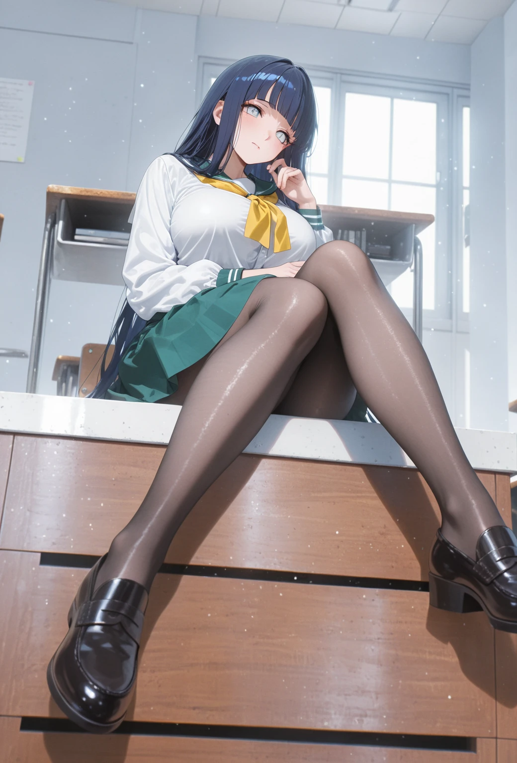 (masterpiece, best quality, ultra detailed, absurdres:1.5) , 1girl, (, beautiful woman, perfect face, perfect eyes, perfect female body, )1.5, ((kagomeiy, higurashi kagome, white sailor shirt, green sailor collar, red neckerchief, green pleated skirt, (white :1.2) , white socks, loafers, long hair, black hair, spiked hair, hair between eyes, wide bangs, )) , (sitting on a chair, (, showing :1.3) , (yellow stain on bottom of , puddle on chair Seat:0.8) , (golden liquid running down chair legs, golden liquid droplets failing from edge of the chair:1.0) . (peeing self :1.5 ), (inside a Japanese classroom), perfect lighting, smooth, hdr)