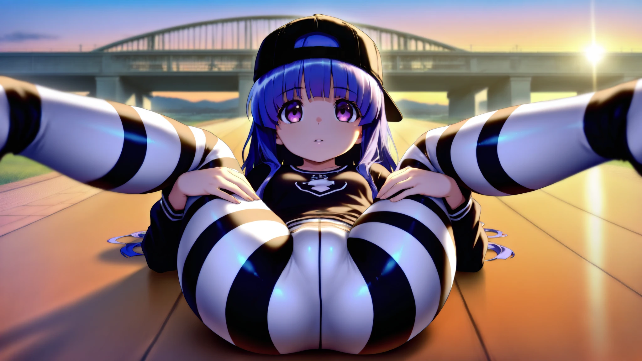 furude rika, Blue Hair, Purple eyes, 1girl, detailed, masterpiece, school, front view, no skirt, solo, (striped pantyhose:1.3), black and white pantyhose, leaning backward, bridge pose, black long sleeve shirt, backwards hat, black hat, dawn, (folded:1.5), lying, straight-on,