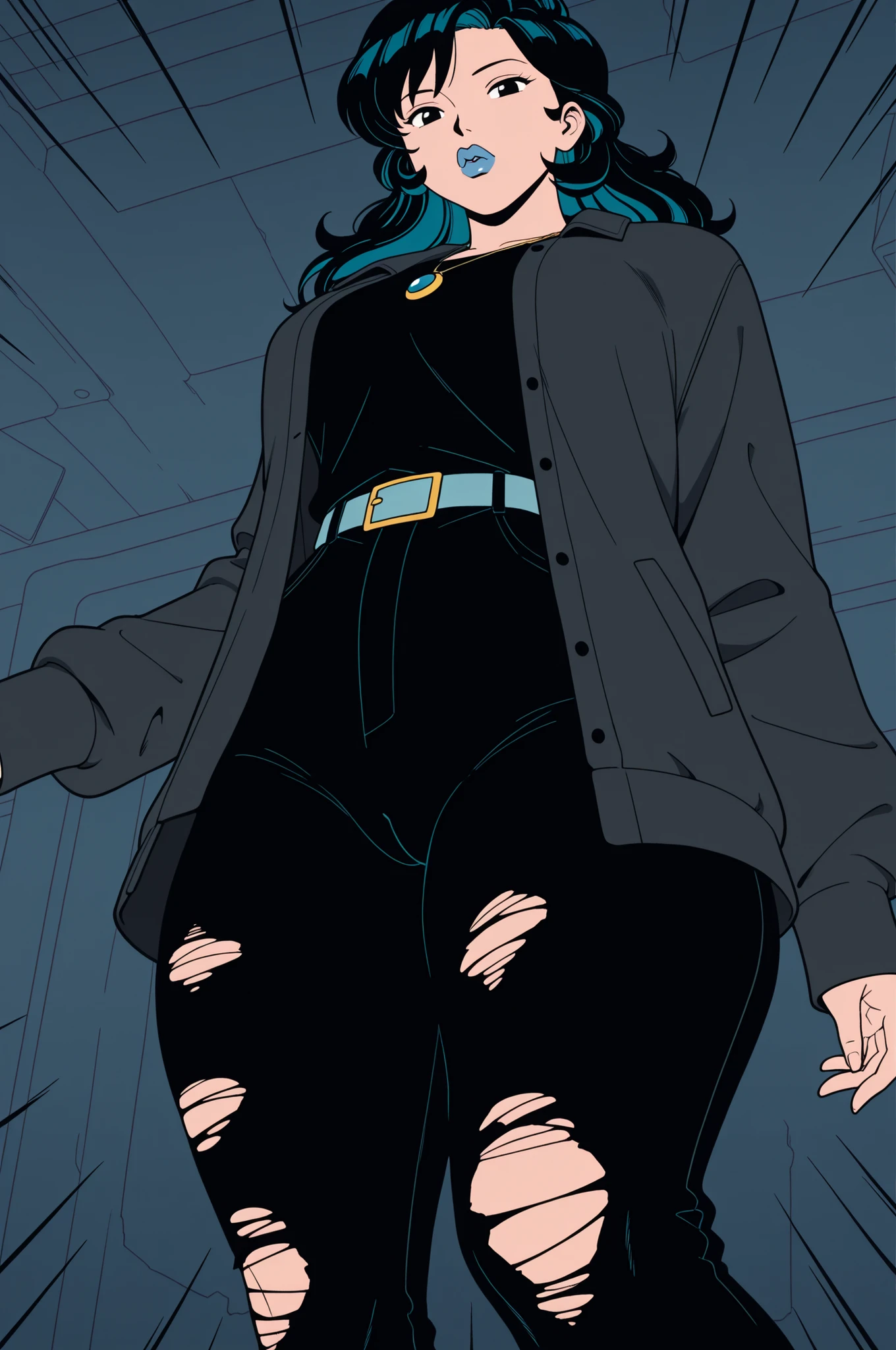 ,retro anime, classic anime, manga, vintage, flat colors, bold lines, matte, faded colors, retro. (artistic, evocative, sexy, dramatic). Very close view, gigantic ass,masterpiece,best quality,highres,beautiful girl,blue long hair, Score_9, score_8_up, Nico Minoru, black hair, multicolored hair, jacket, black shirt, black pants, belt, ripped pants, big lips, black eyes, chocker, necklace, pale, curvy, big tits, cameltoe,