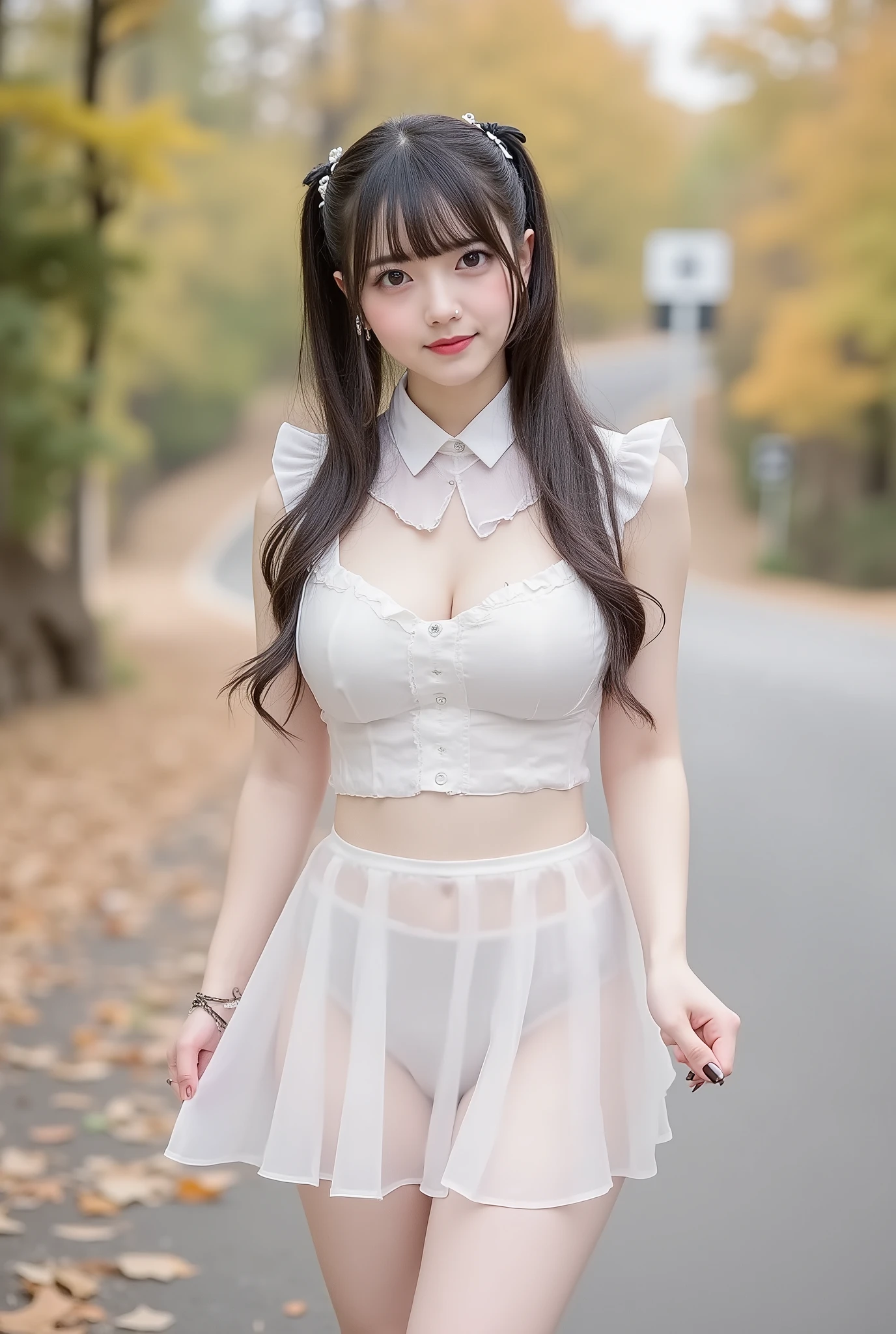 (8K quality pictures 、Ultra High Definition)、Mountain road with autumn leaves、(((above the knee image)))、((low angle))、is insanely cute、(A collaboration between amazingly cute)、((White Pretty Maid Outfit and Full Body Sheer Pita Outfit))、(Super slim figure that can be seen through)、black hair twin tails、((small breasts))、pose、