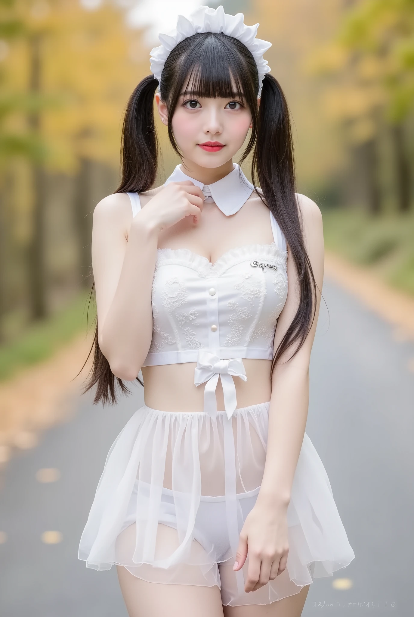 (8K quality pictures 、Ultra High Definition)、Mountain road with autumn leaves、(((above the knee image)))、((low angle))、is insanely cute、(A collaboration between amazingly cute)、((White Pretty Maid Outfit and Full Body Sheer Pita Outfit))、(Super slim figure that can be seen through)、black hair twin tails、((small breasts))、pose、
