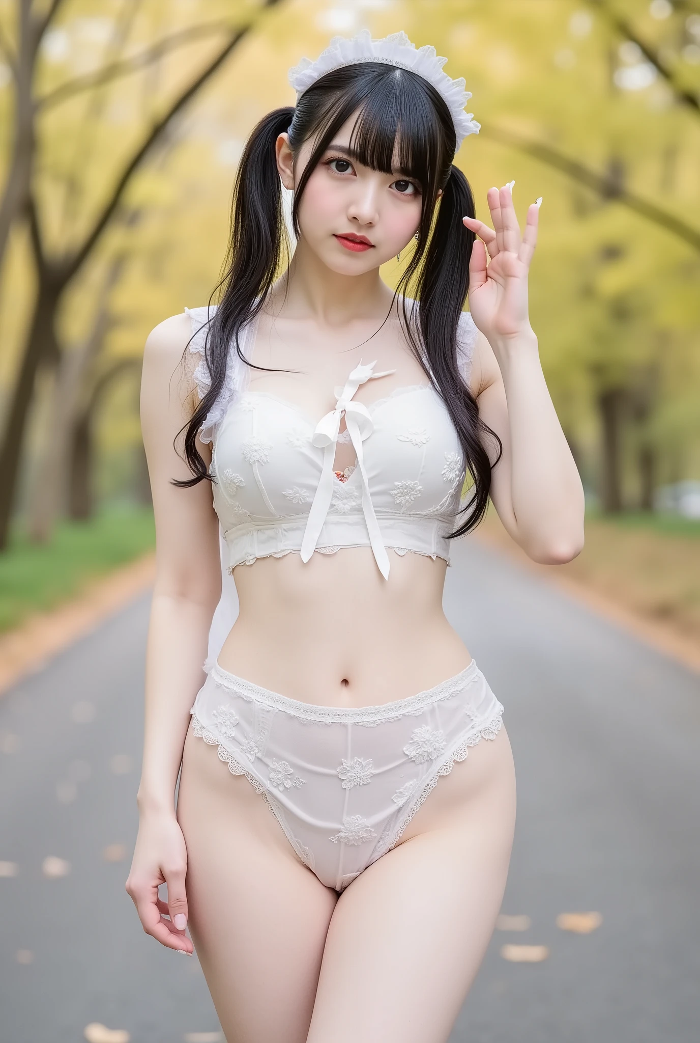 (8K quality pictures 、Ultra High Definition)、Mountain road with autumn leaves、(((above the knee image)))、((low angle))、is insanely cute、(A collaboration between amazingly cute)、(((White Pretty Maid Outfit and Full Body Sheer Pita Outfit))、(Super slim figure that can be seen through)、black hair twin tails、((small breasts))、pose、